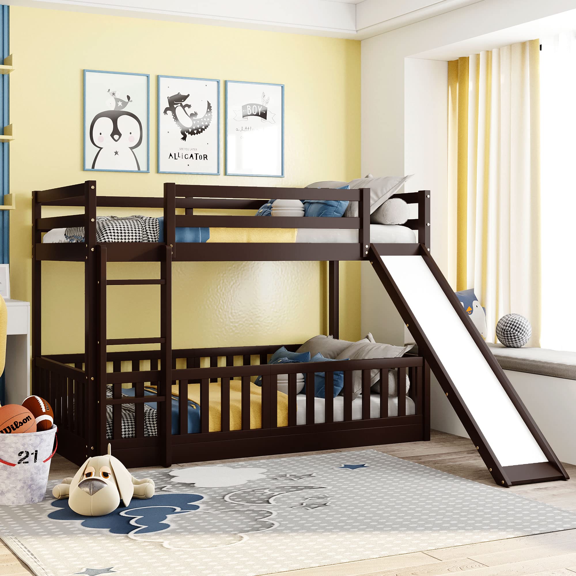 Harper & Bright Designs Twin Over Twin Wooden Bunk Bed with Slide & Ladder - Solid Wood Low Bunk Bed Frame for Kids & Toddlers, No Box Spring Needed (Espresso) - Perfect for Small Bedrooms, Shared Kids Rooms & Space-Saving Sleep Solutions