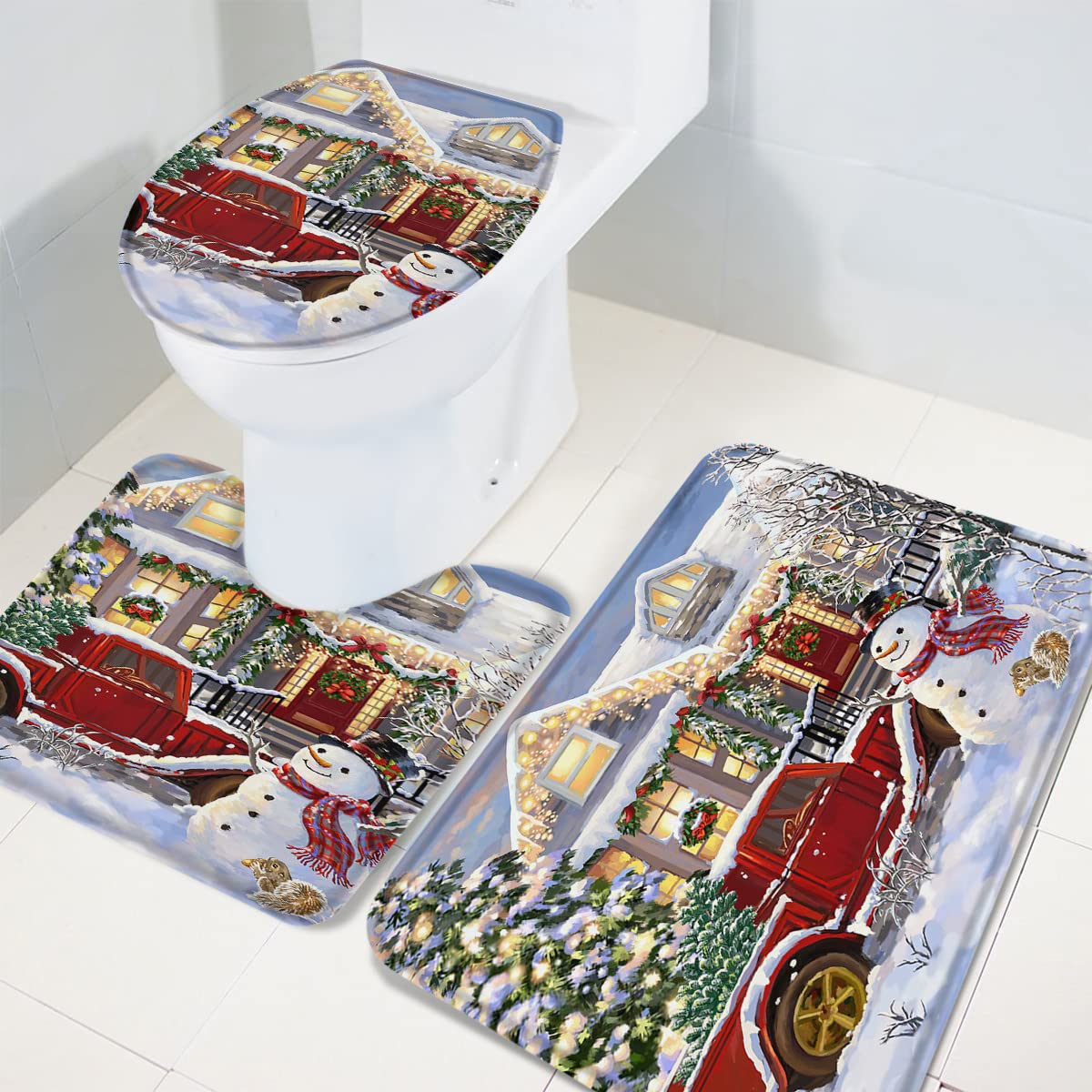 Christmas Snowman Bathroom Rug Set - 3 Piece Non-Slip Toilet Seat Cover, Contour Rug & Pedestal Mat (18