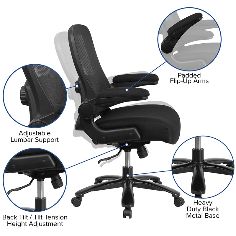 Hercules Big & Tall 500 lb Capacity Black Mesh & Leather Executive Office Chair - Ergonomic Design with Adjustable Lumbar Support - Perfect for Home Office, Gaming & Professional Workspaces