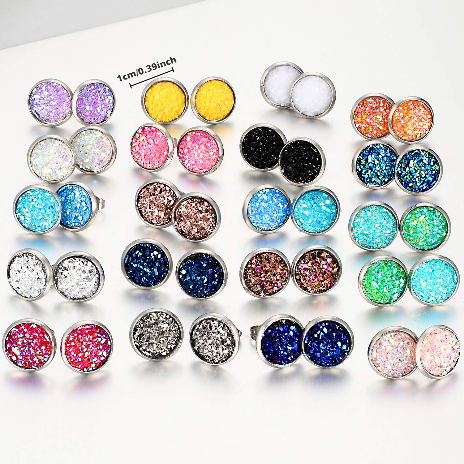 20 Pairs Faux Druzy Stud Earrings Set - Stainless Steel Round Pierced Earrings for Women & Girls - Perfect for Everyday Wear, Parties & Gifts