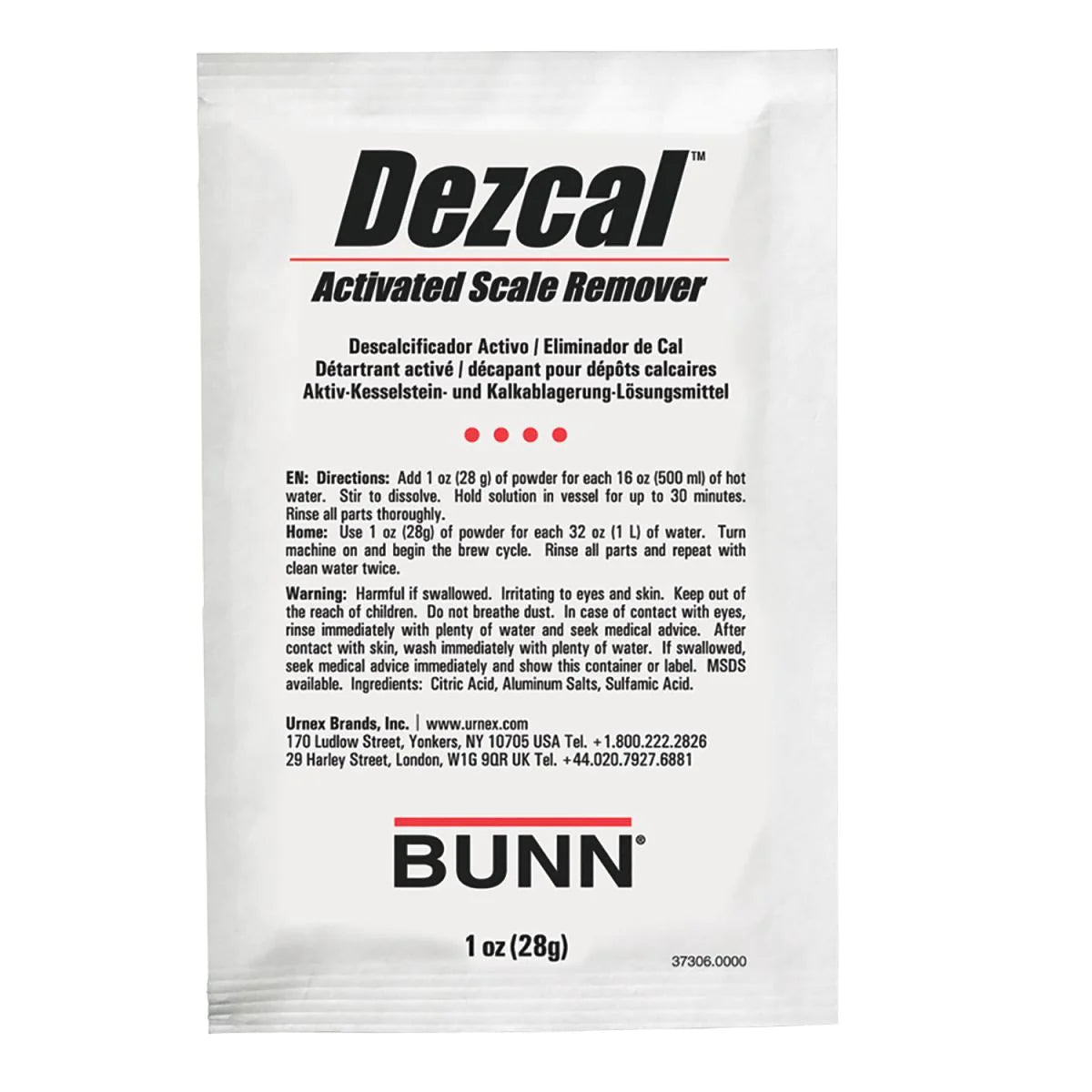 BUNN Coffee Maker Descaler - URNEX Dezcal 4-Pack (1 oz Each) | Removes Limescale & Mineral Buildup | Perfect for BUNN Commercial & Home Coffee Machines | Model 37306.0001