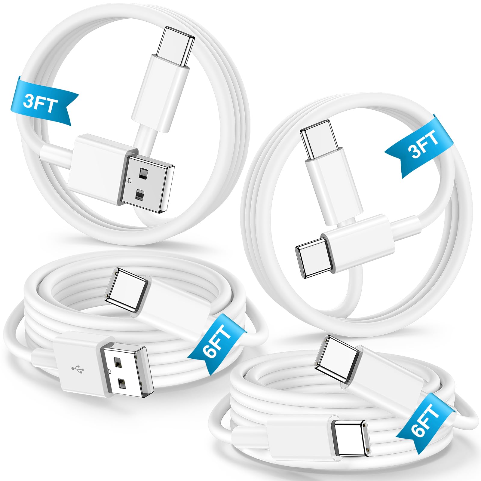 **60W Fast Charging USB C Cable 4-Pack [3/3/6/6FT] - USB C to USB C & USB A to USB C for iPhone 16/15 Pro Max, MacBook Pro/Air, iPad - CarPlay Compatible - Perfect for Home, Office & Travel**