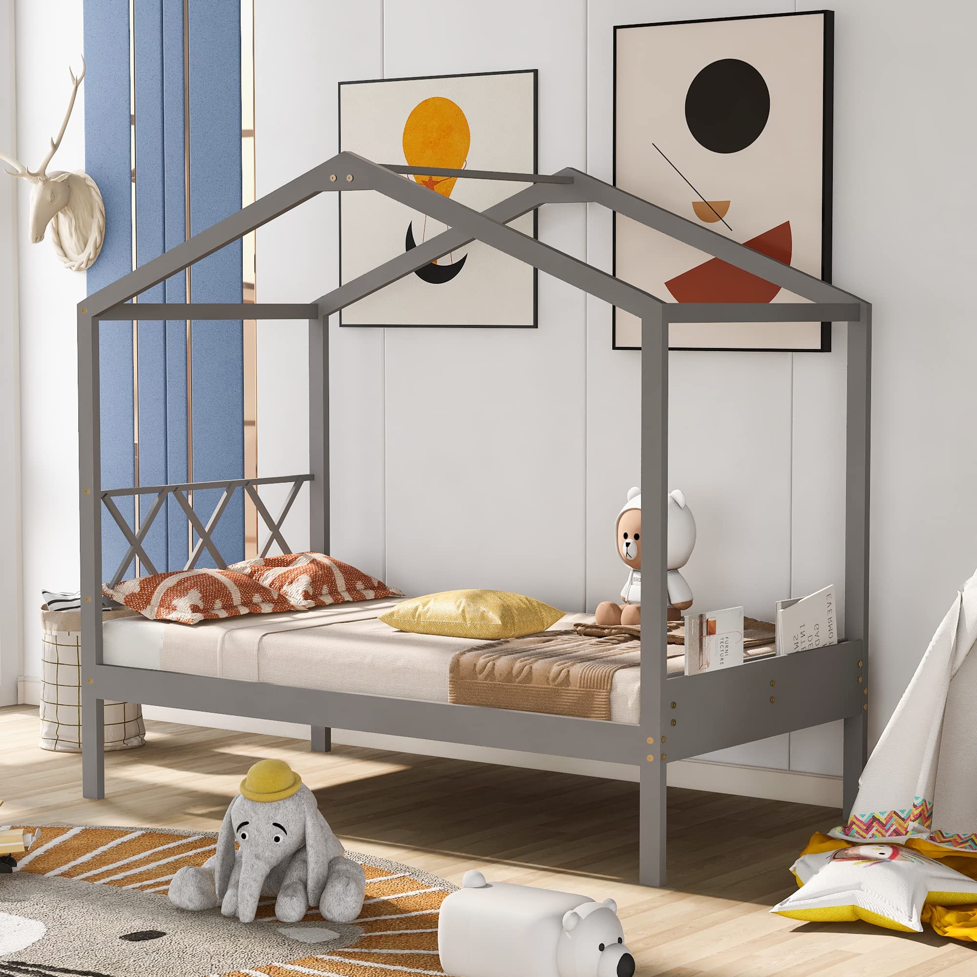 Merax Twin Size Wooden House Bed with Storage & Roof - Kids Playhouse Bed for Bedroom Decor, Grey - Perfect for Children's Room, Playroom, and Nursery Decorations