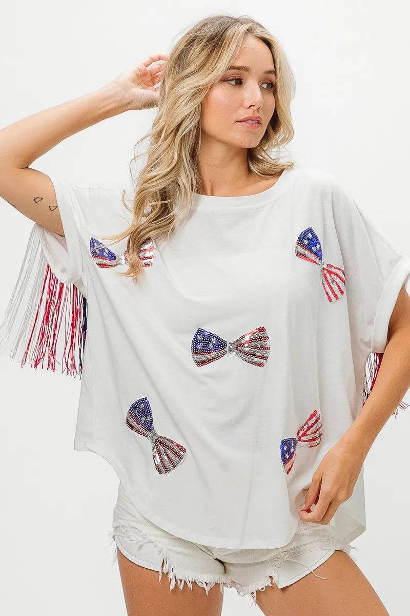 BiBi Patriotic American Flag Sequin Ribbon T-Shirt - Stylish USA Pride Top for Women, Perfect for 4th of July, Memorial Day & Independence Day Celebrations