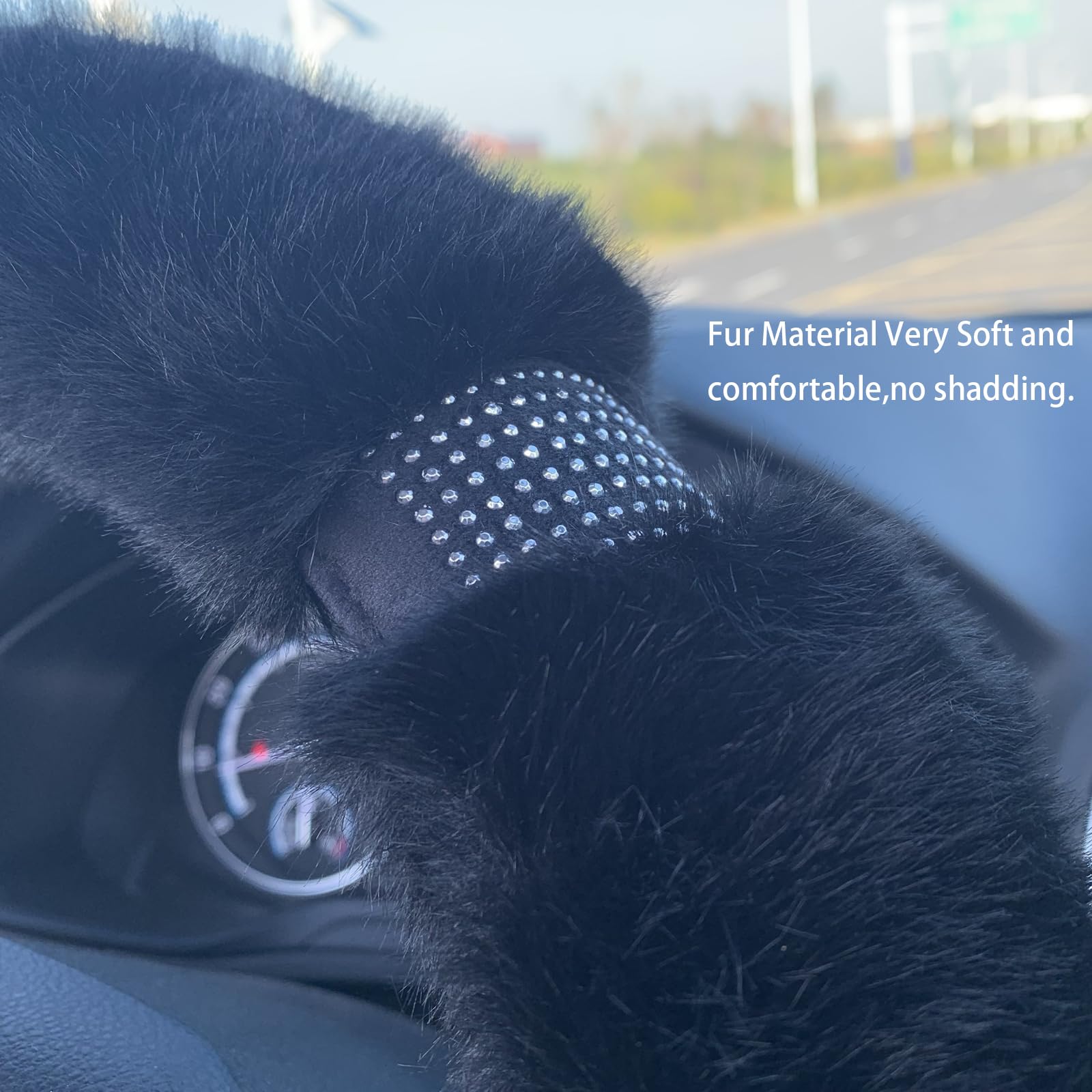 Fluffy Rhinestone Steering Wheel Cover - 15 Inch Universal Winter Warm Car Accessory for Women & Girls (Black) | Soft & Stylish for Cold Weather Driving Comfort
