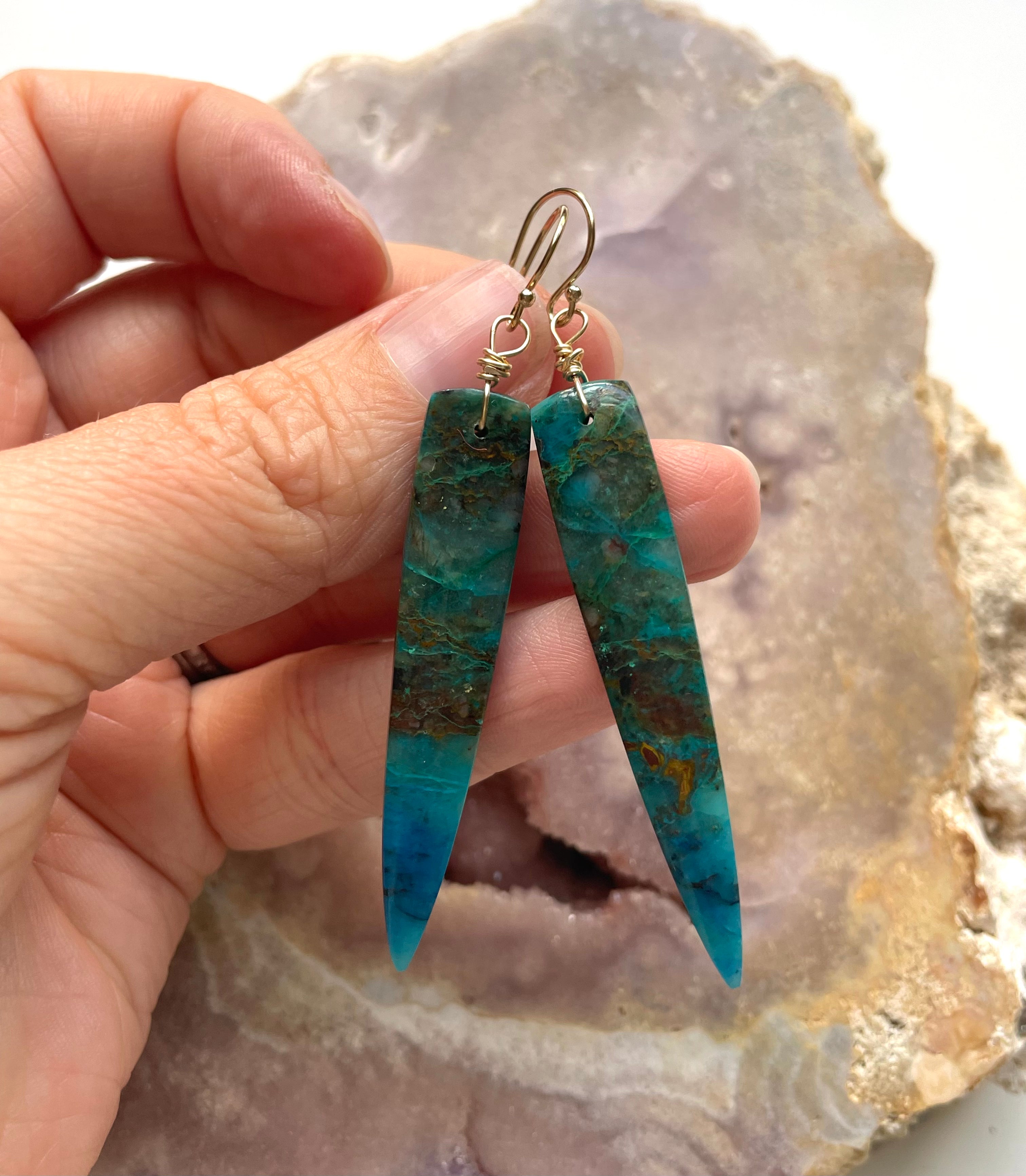 Stunning Chrysocolla Gold Filled Statement Earrings with Crystal Gemstones | Elegant Jewelry for Women | Perfect for Parties, Weddings & Special Occasions
