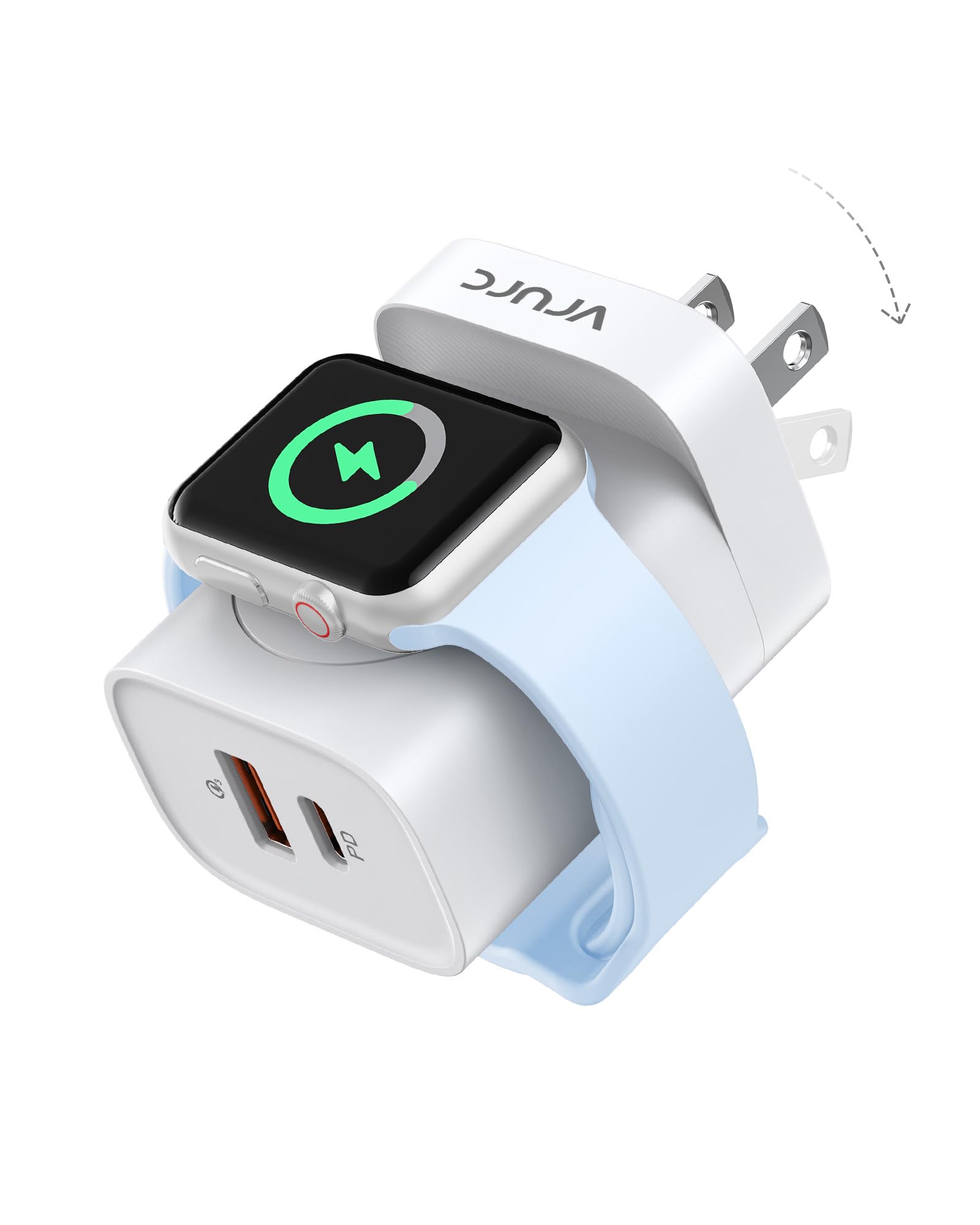 VRURC 3-in-1 Wireless Magnetic Charger for Apple Watch Ultra/SE/10/9/8/7/6/5/4/3, iPhone 16/15/14/13 & Android - 20W PD Fast Charging, Portable USB-C Travel Charging Block (White) | Perfect for Home, Office & Travel Use