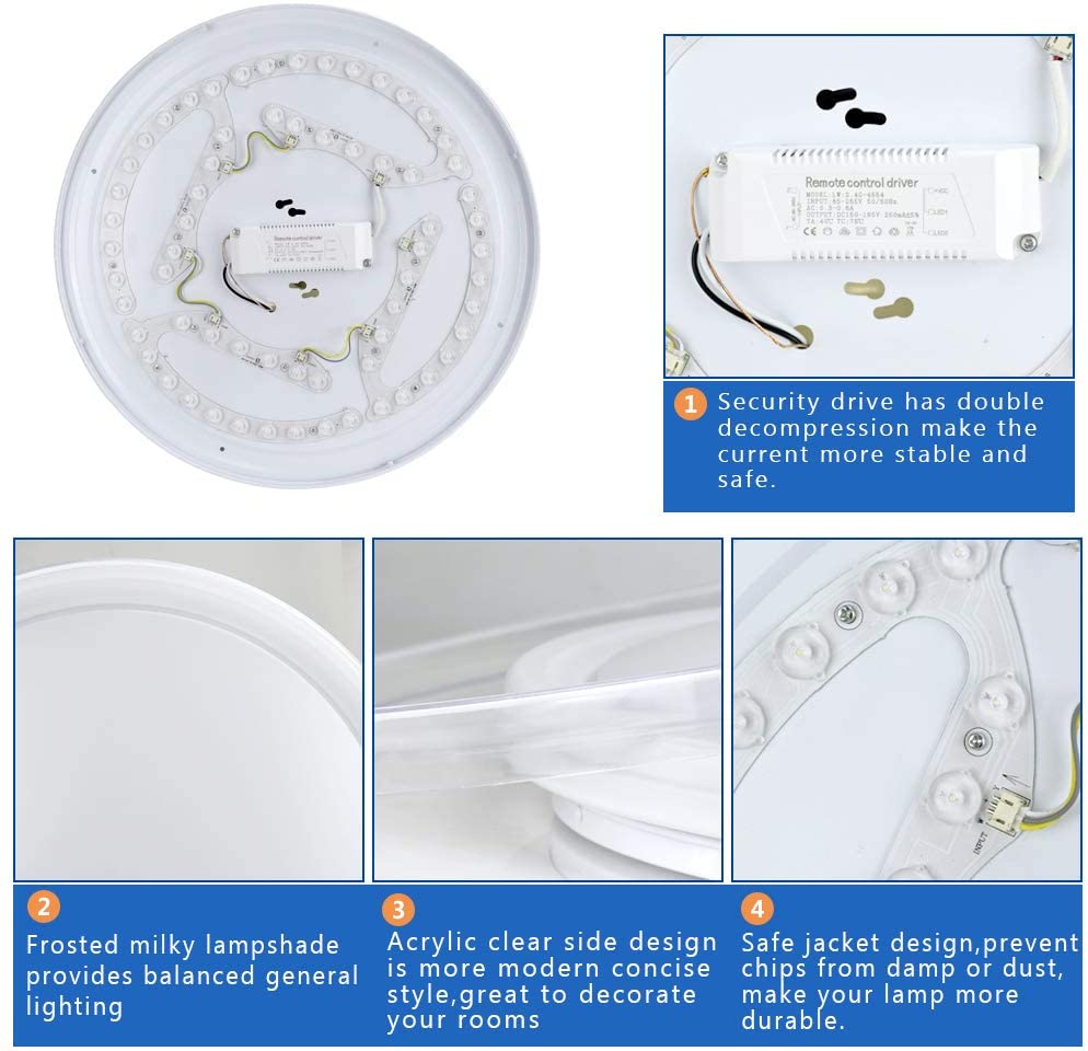 48W Modern Dimmable LED Flush Mount Ceiling Light with Remote Control - 18.9 Inch Round Close to Ceiling Fixture for Bedroom, Living Room, Dining Room - Energy Saving Bright Lighting for Home & Office Spaces