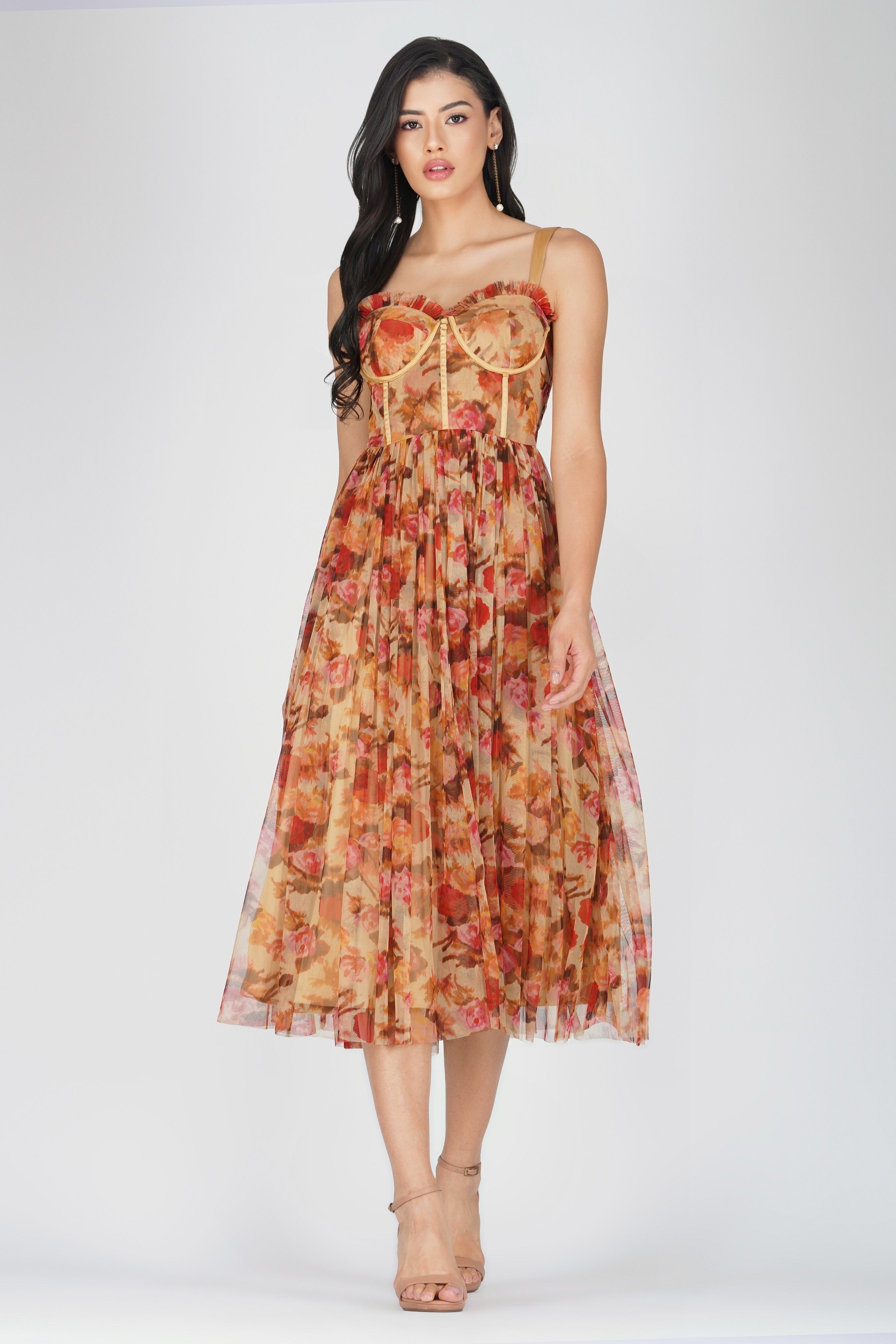 Dane Rose Floral Corset Midi Dress for Women - Elegant Vintage Style Bodycon Dress for Date Night, Wedding Guest, or Special Occasions