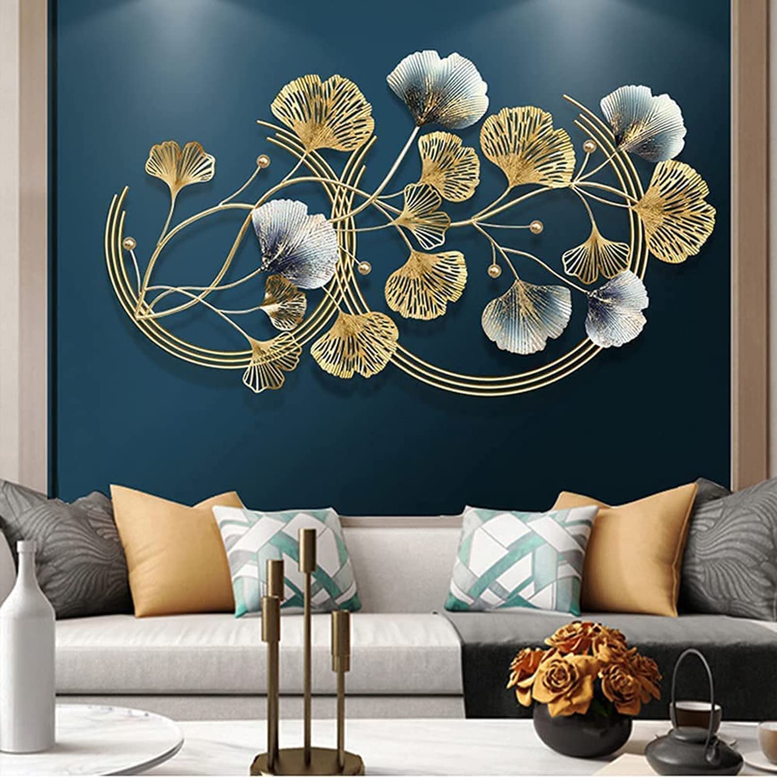 PGE 3D Metal Wall Art - Ginkgo Leaves Wall Decor, Round Apricot Leaf Sculpture - Abstract Home Decor for Bathroom, Living Room & Bedroom | Perfect for Modern Interior Design & Housewarming Gifts
