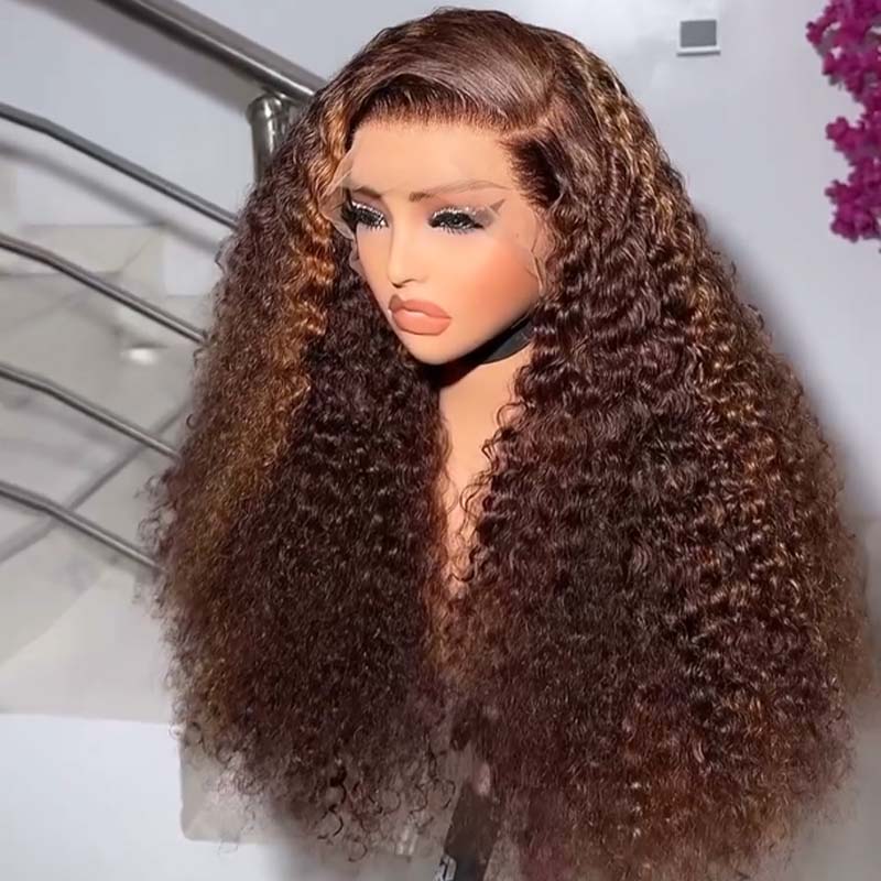 Eullair Brown with Honey Blonde Kinky Curly Human Hair Lace Frontal Wig - Glueless Lace Wigs for Women | Perfect for Daily Wear, Parties & Special Occasions