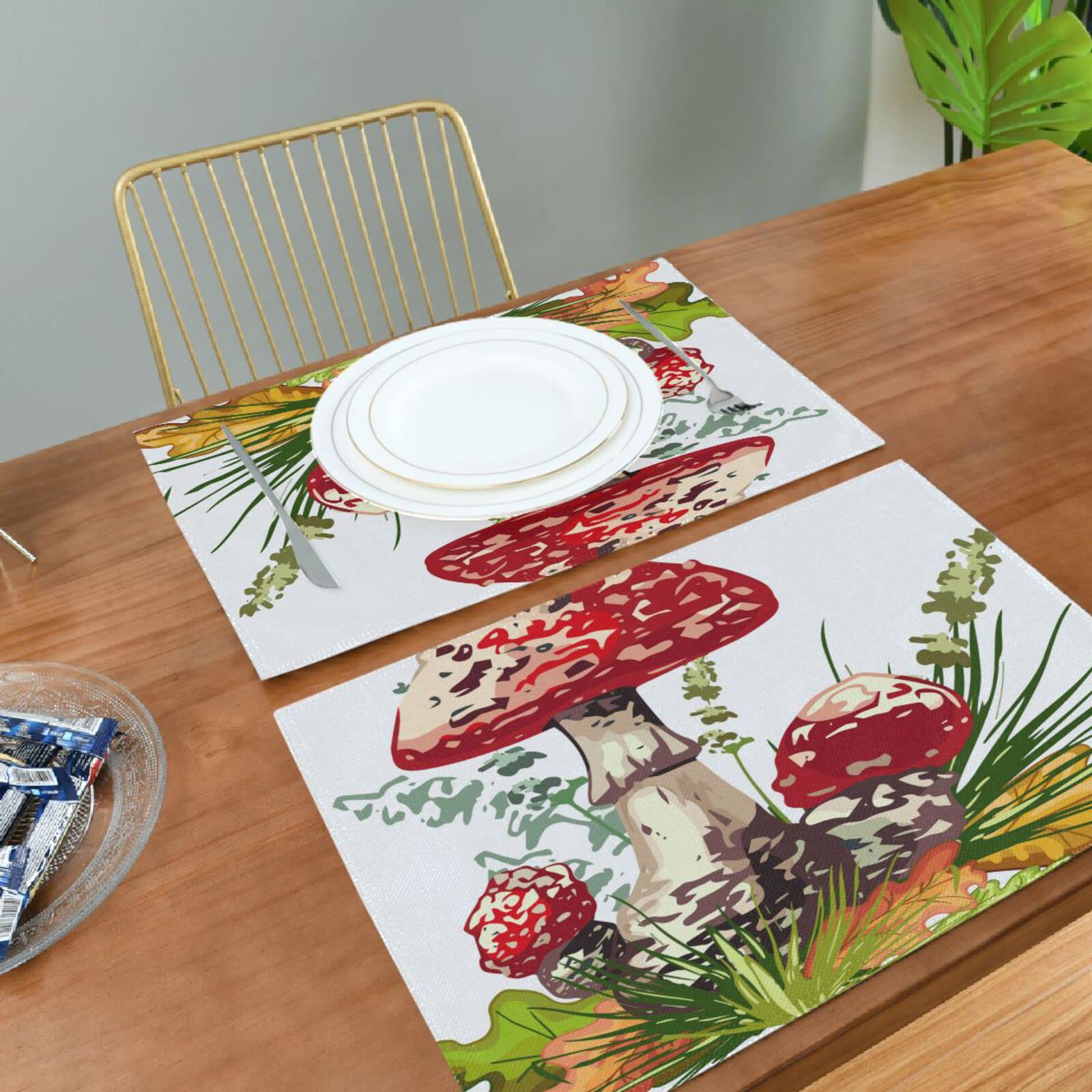4 Pack Autumn Mushroom & Fall Leaves Placemats - 12x18 Inch Washable Heat-Resistant Cloth Table Mats for Kitchen & Dining Room Decor | Perfect for Thanksgiving, Fall Dinner Parties & Seasonal Home Decor