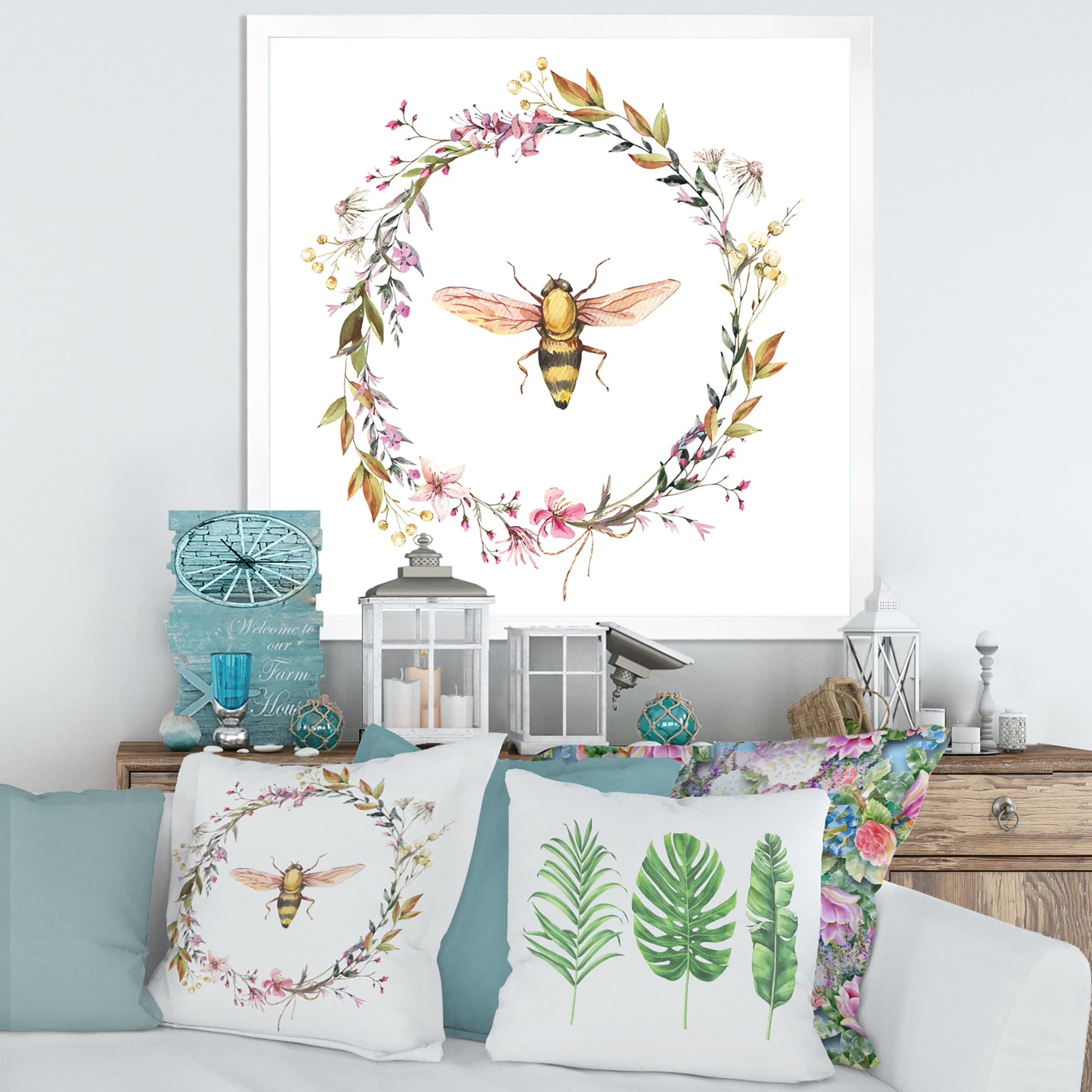 DesignQ Bee In Wildflowers Wreath - Rustic Farmhouse Framed Wall Art Decor for Living Room, Bedroom & Kitchen - Perfect for Home, Office & Gift Giving