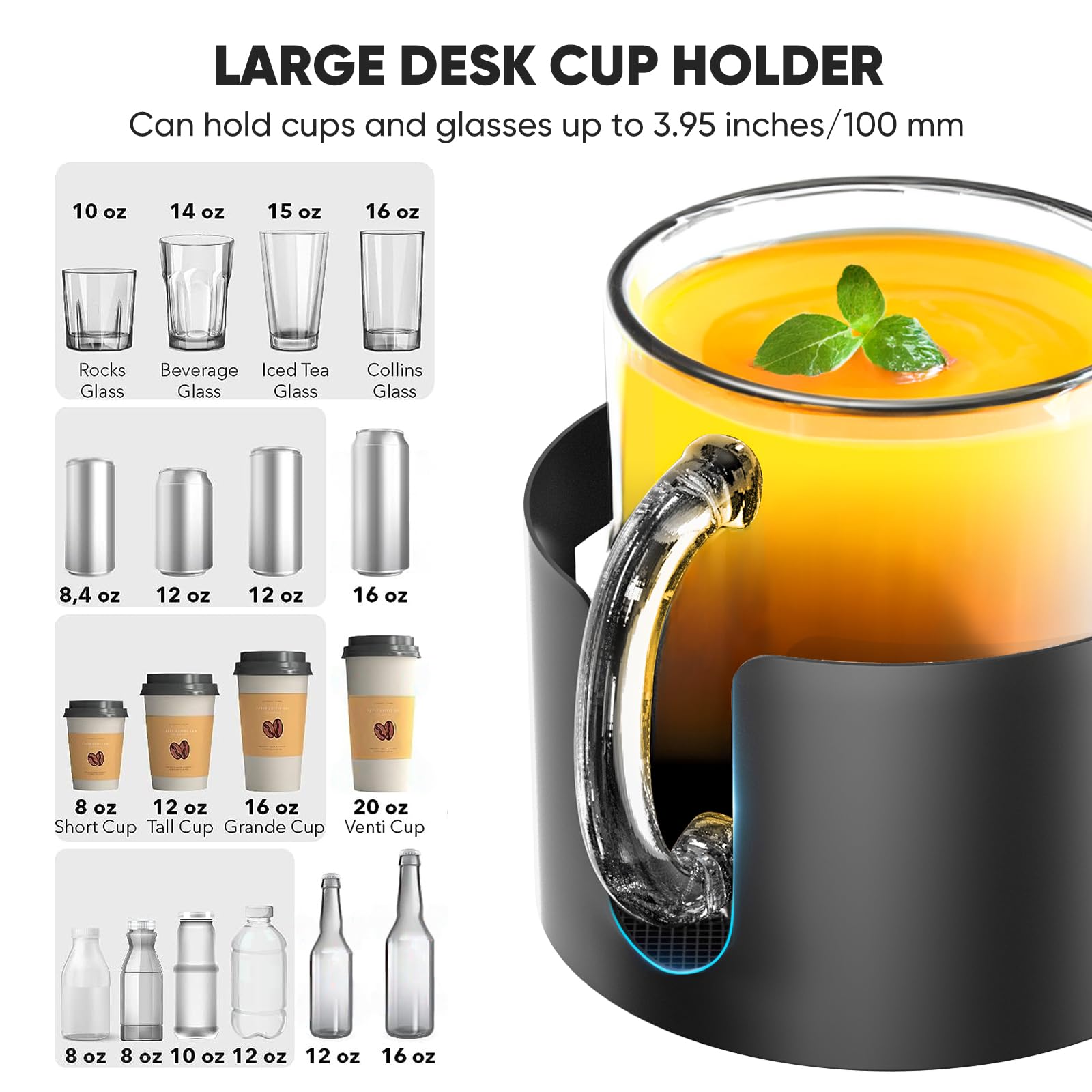 Upgraded Large Desk Cup Holder Clamp - OOKUU Anti-Spill Metal Office & Gaming Desk Accessory - Universal Fit for Cups, Bottles & Pencil Holders (Black) - Perfect for Workstations, Home Office & Gaming Setups