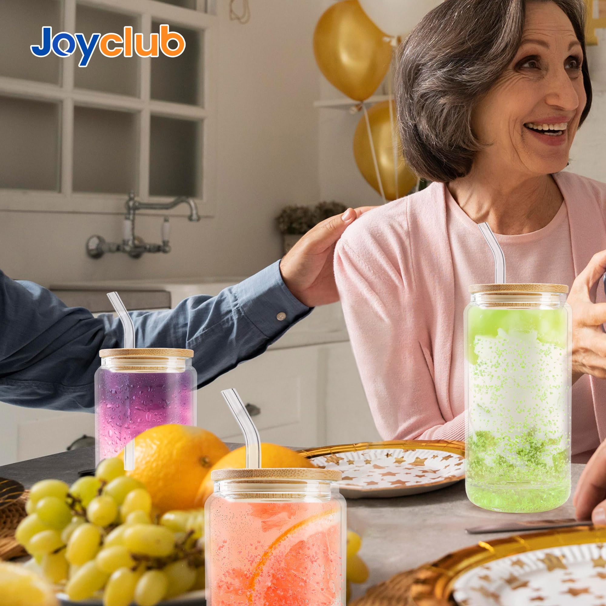 Joyclub 4 Pack 16oz Snow Globe Tumbler - Pre-Drilled Beer Can Shaped Double Wall Glass Cups with Lids & Straws - DIY Glitter Snow Globe for Smoothie, Boba Tea, Cocktail - Perfect for Parties, Gifts & Home Decor