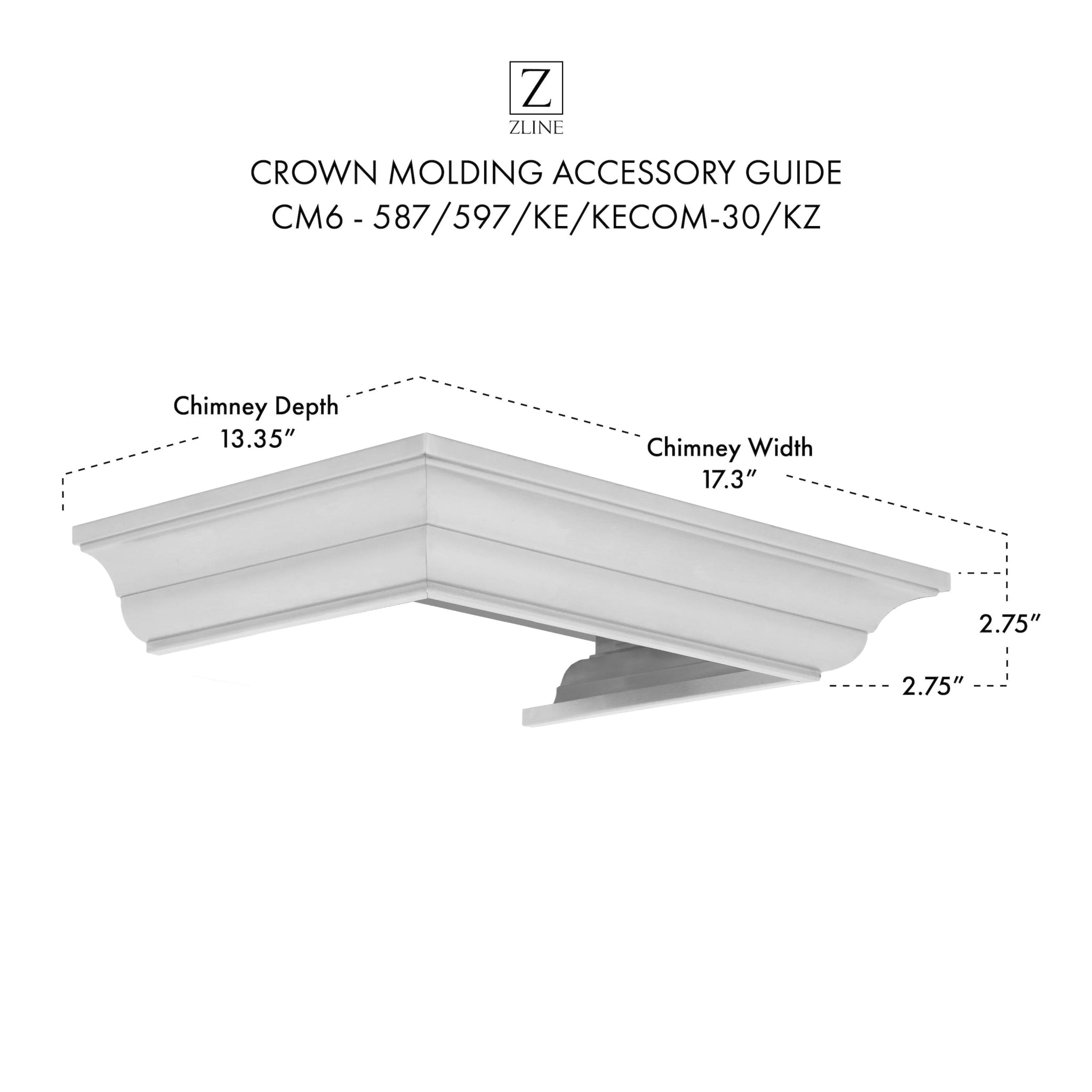 Stainless Steel 6-Inch Wall Mount Range Hood with Crown Molding - CM6 587/597/KE/KECOM 30/KZ - Perfect for Modern Kitchens & Ventilation Solutions