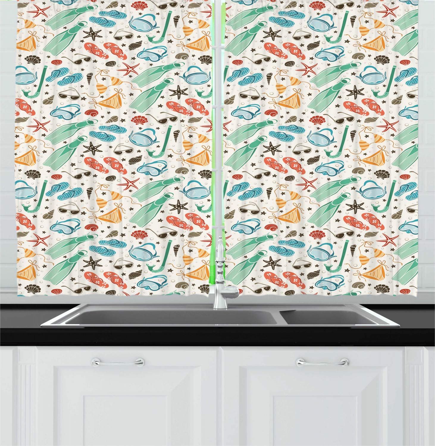 Ambesonne Summer Beach Themed Kitchen Curtains - Vintage Style Swimsuits, Shells & Flippers Print Window Drapes, 2 Panel Set for Kitchen & Cafe Decor, 55 x 39 Inches, Ivory Multicolor - Perfect for Coastal, Nautical & Vacation Home Decor