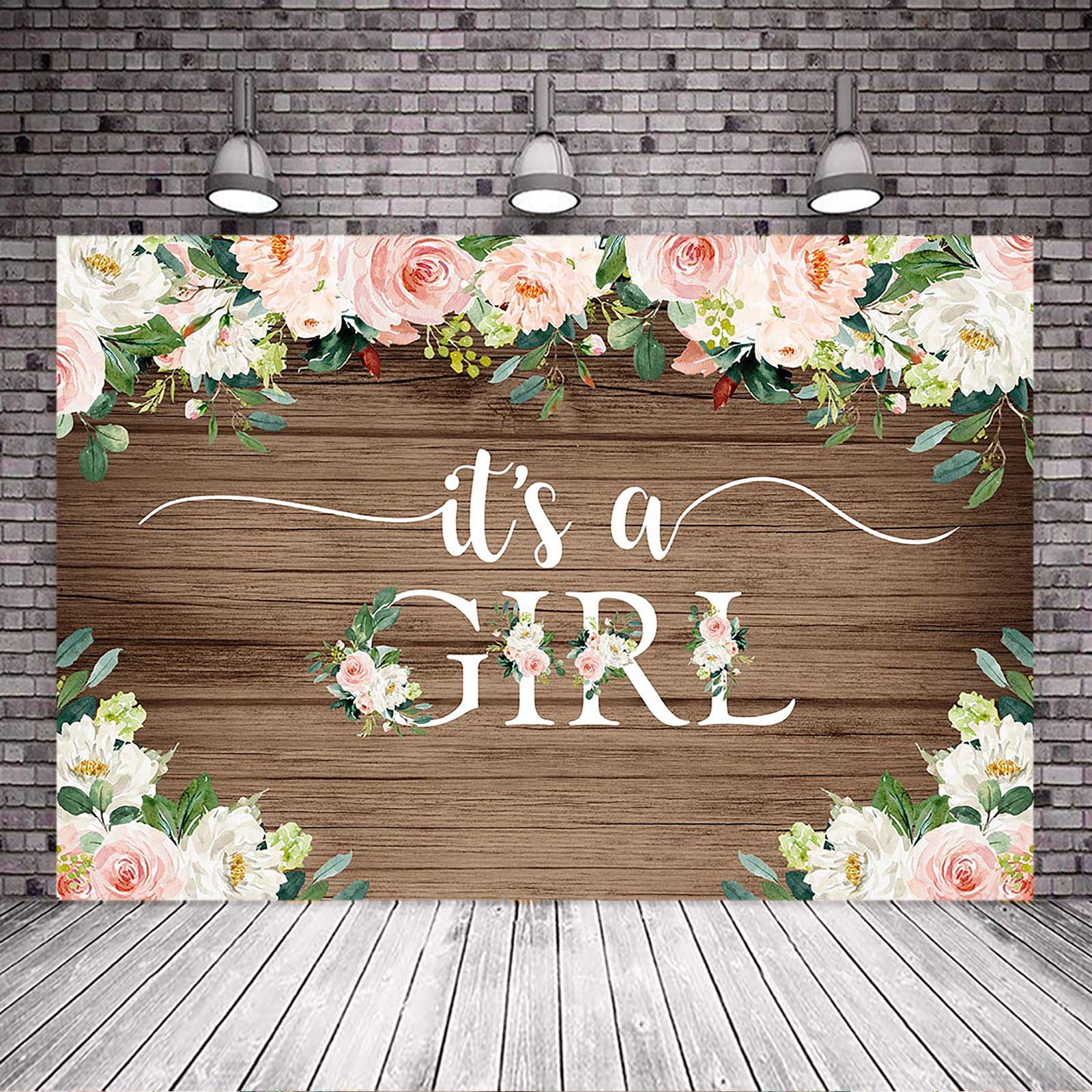 Avezano Rustic Floral Baby Shower Backdrop - Brown Wood 'It's a Girl' Background for Baby Shower Decorations (5x3 ft) - Perfect for Gender Reveal Parties, Nursery Decor & Newborn Photography