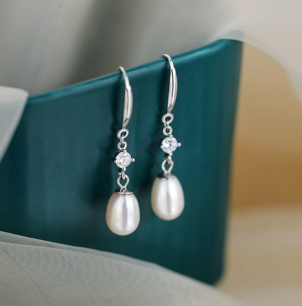 925 Sterling Silver Pearl Drop Earrings for Women - Natural Freshwater Pearl Dangle Earrings | Elegant Wedding, Bridal & Party Jewelry Gift for Her