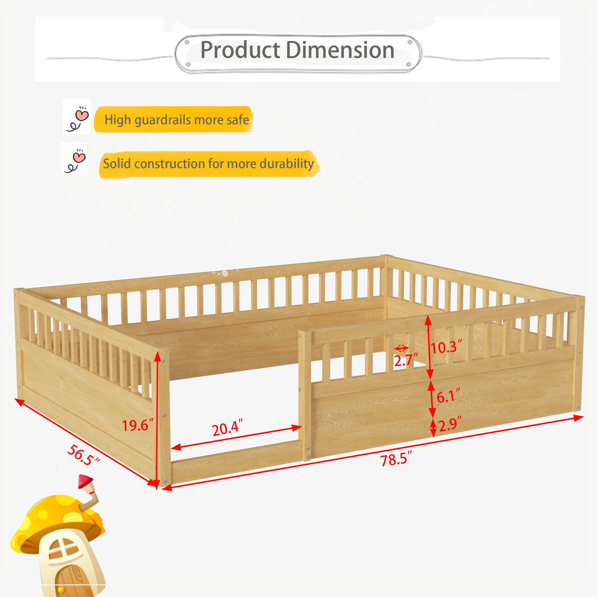 Montessori Floor Bed for Kids - Full Size Wooden Playhouse Bed with High Safety Railings for Toddlers, Boys & Girls - Natural Finish - Perfect for Montessori Rooms, Playrooms & Safe Sleep Spaces