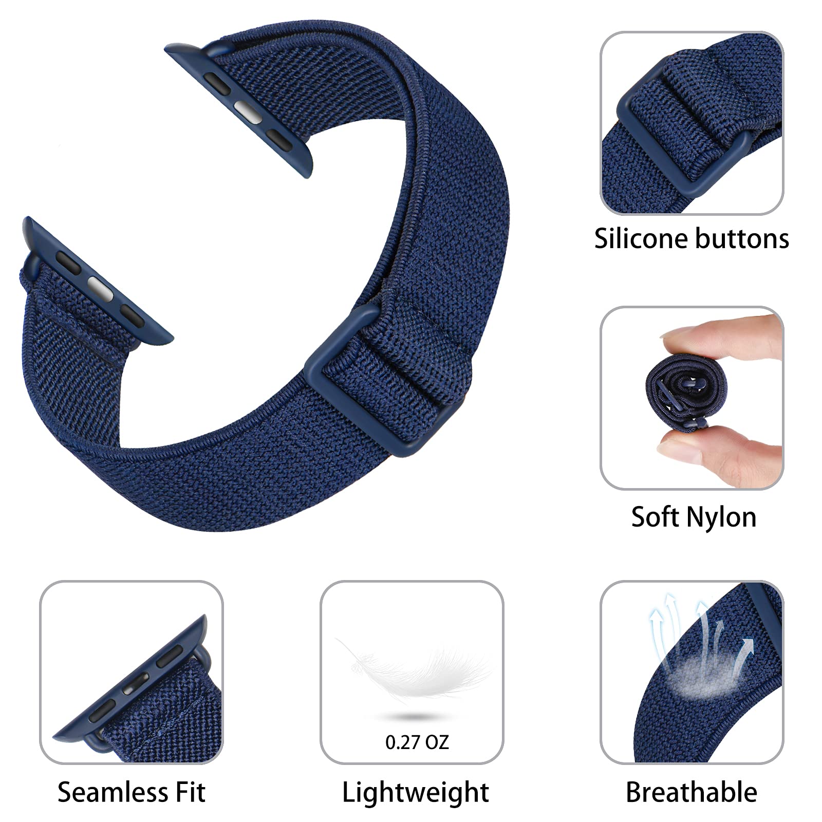 2-Pack Sport Elastic Nylon Apple Watch Bands 44mm 42mm - Adjustable Lightweight Breathable Woven Stretch Strap for iWatch Series 6/5/4/3/2/1/SE - Perfect for Running, Gym Workouts & Daily Wear (Black/Navy Blue)