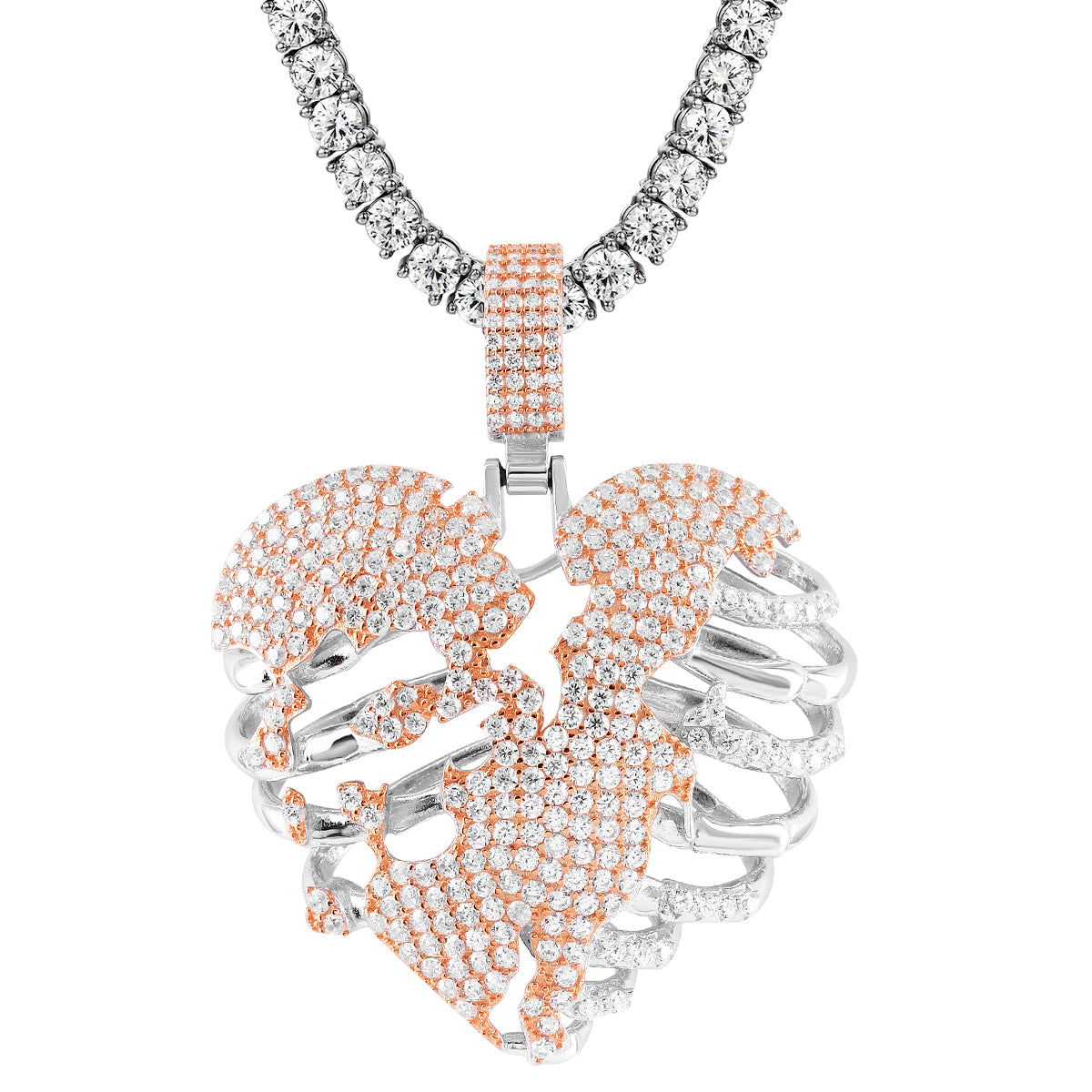 Men's Silver Broken Skeleton Heart Rose Gold Tone Pendant Necklace - Gothic Jewelry for Valentine's Day, Anniversary & Alternative Fashion Lovers