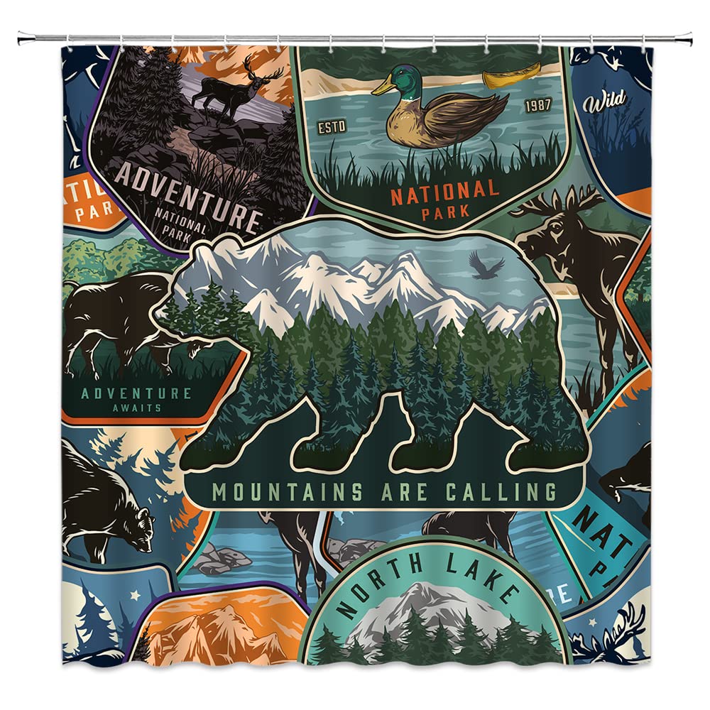 Bear Shower Curtain - Mountain Forest Abstract Design with Colorful Wild Animals | Waterproof Polyester Bathroom Decor for Men | Perfect for National Park & Adventure Themed Bathrooms