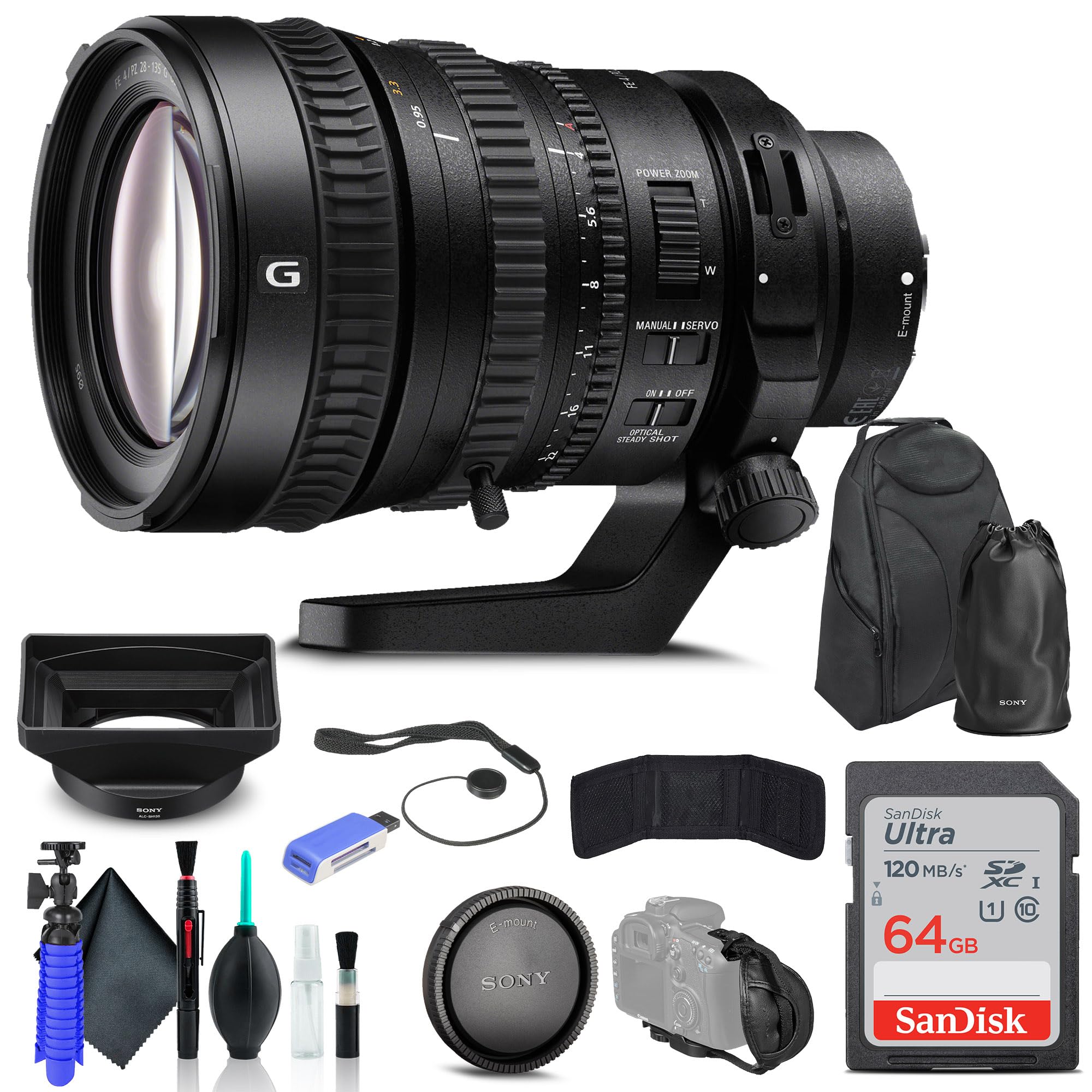 Sony FE PZ 28-135mm f/4 G OSS Lens (SELP28135G) with Complete Bundle - Backpack, 64GB SD Card, Card Reader, Flexible Tripod, Memory Card Case, Lens Cap Keeper, Cleaning Kit & Hand Strap | Perfect for Videography, Travel Photography & Professional Shooting