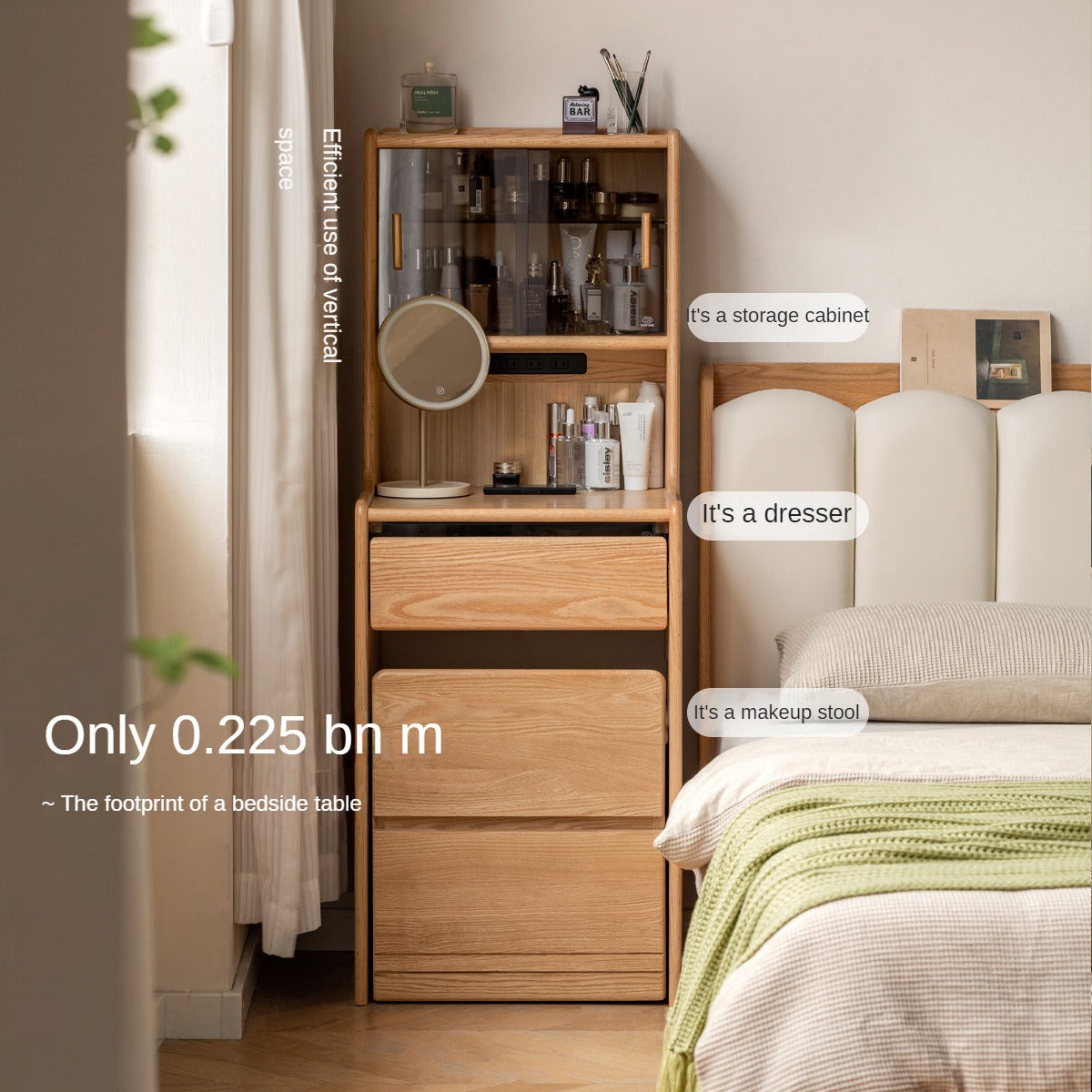 Solid Oak Wood Modern Minimalist Bedside Dressing Table - Perfect for Small Bedrooms & Apartment Vanity Areas