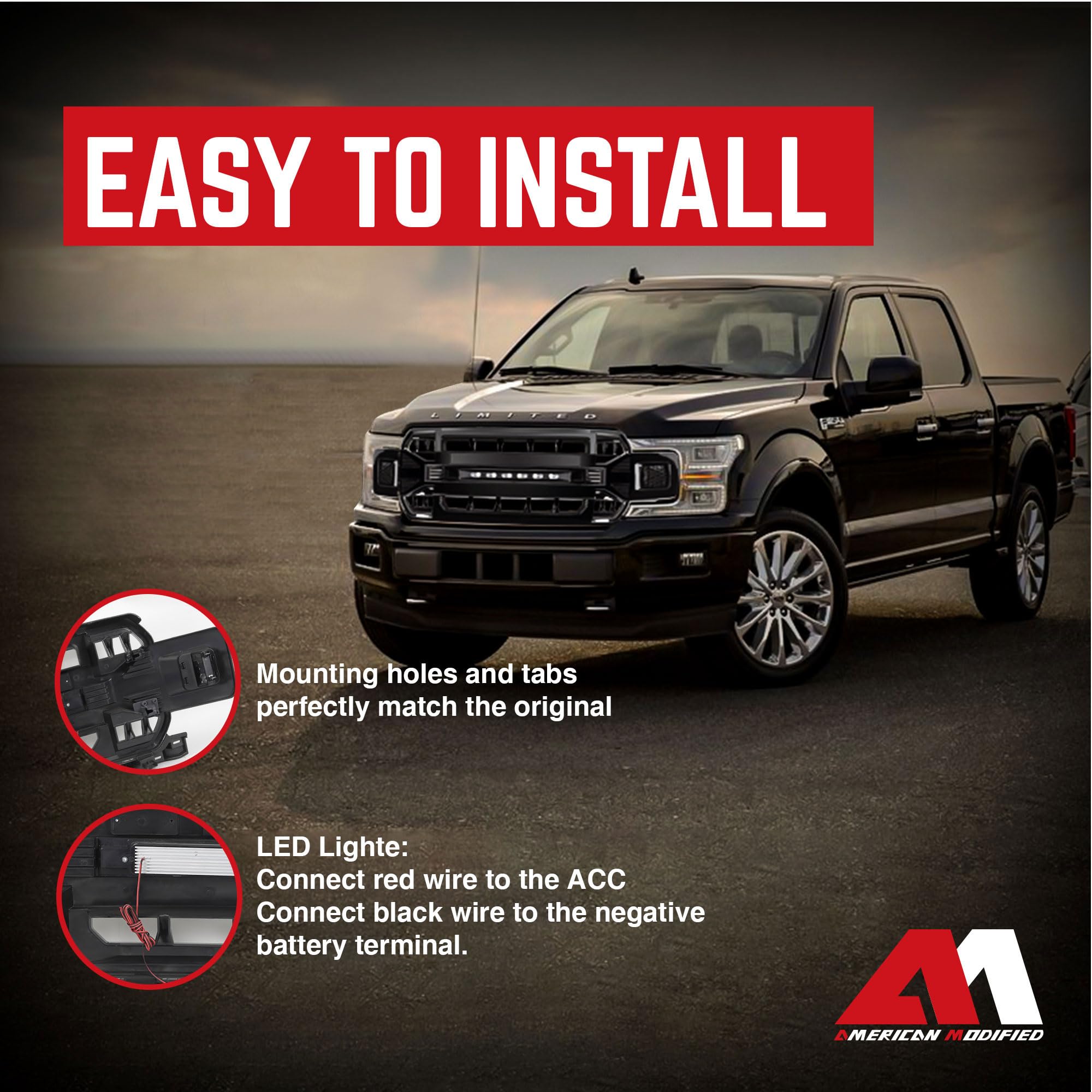 2018-2020 Ford F150 Direct Fit Replacement Front Grille with Off-Road Lights | Glossy Black Armor Grille | Perfect for Off-Roading & Truck Customization