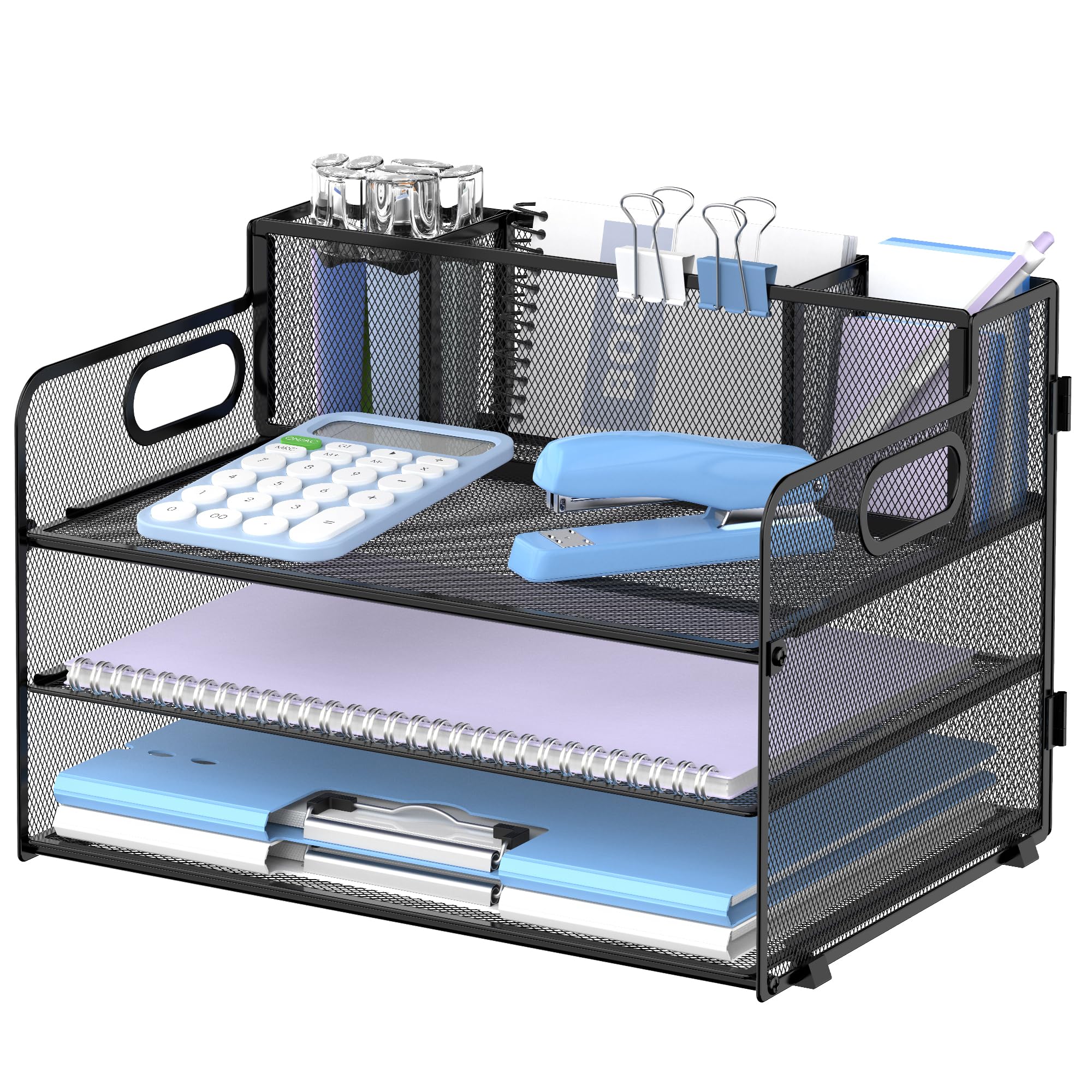 SUPEASY 3-Tier Mesh Desk Organizer with Handle & Pen Holders - Black Office File Tray for Paper, Letters, and Supplies | Perfect for Home, Office, and Workspace Organization