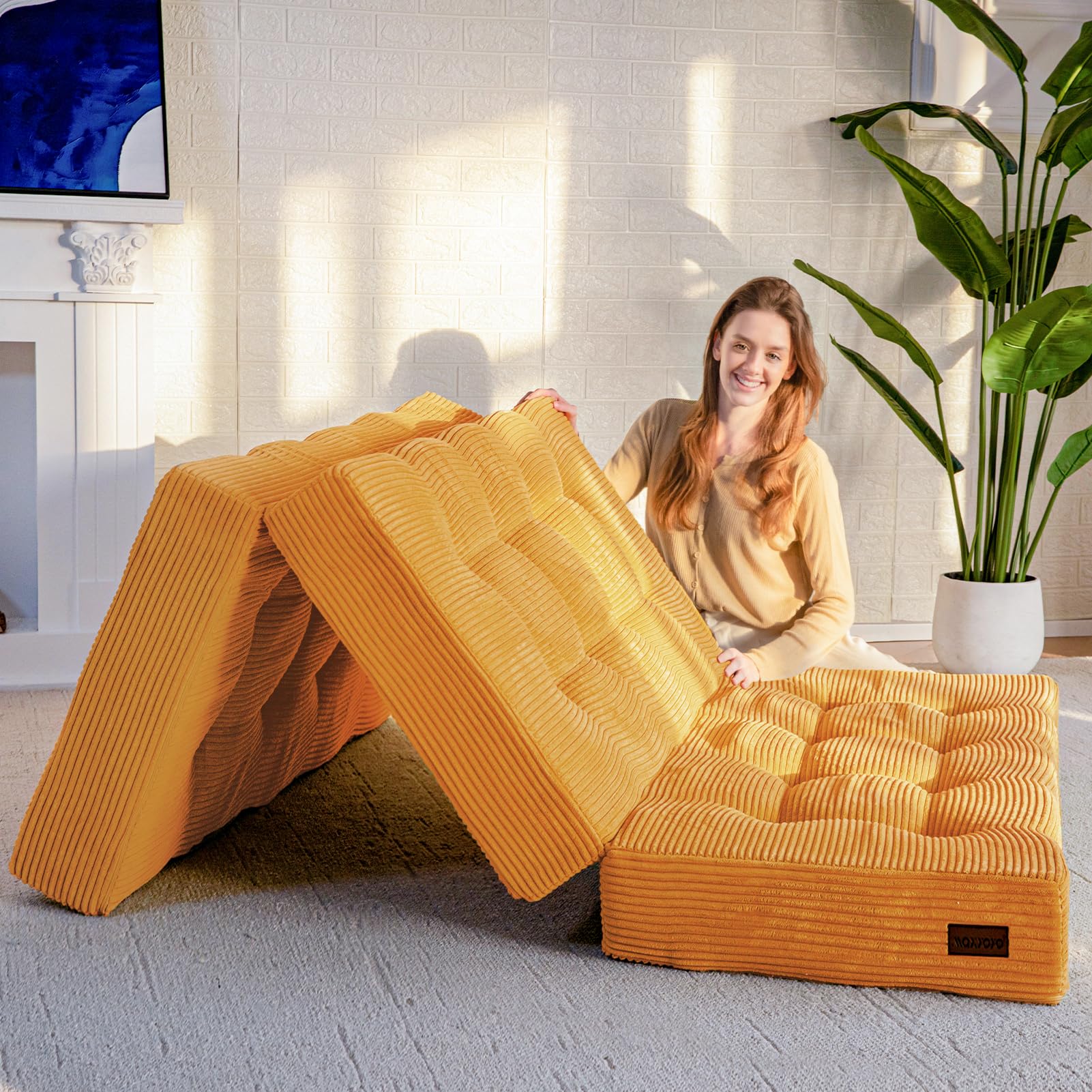 6 Inch Tri Fold Mattress - MAXYOYO Tufted Folding Foam Bed with Breathable Corded Fabric, Full Size, Orange | Perfect for Guest Beds, Camping, Dorms & Small Spaces