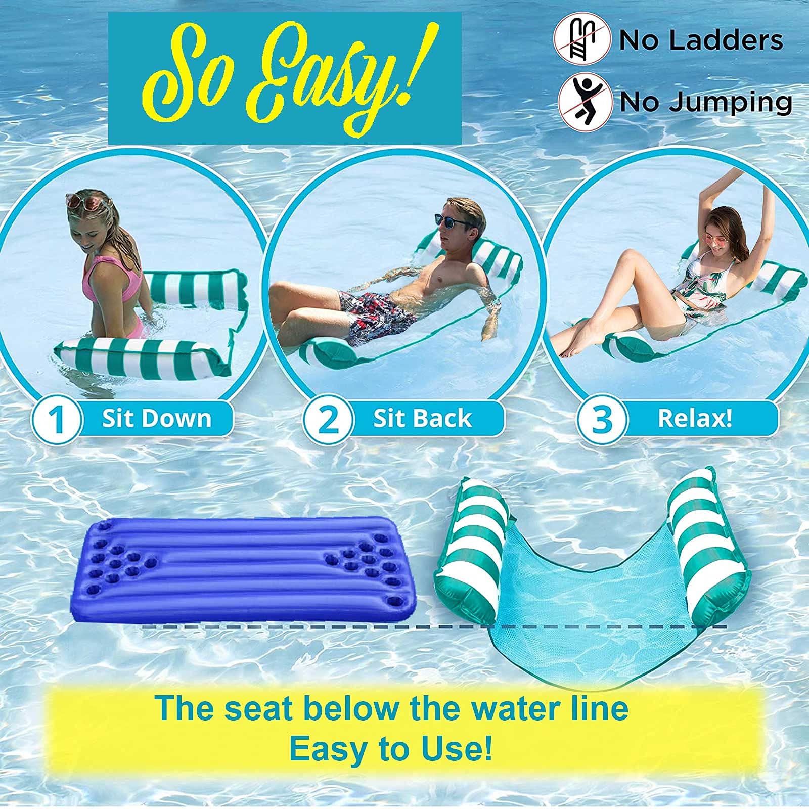 Best Inflatable Pool Floats for Adults - Large Floating Water Hammock, Multi-Purpose Swimming Float with Mesh Seat - Perfect for Pool Lounging, Relaxing & Summer Fun (Green)