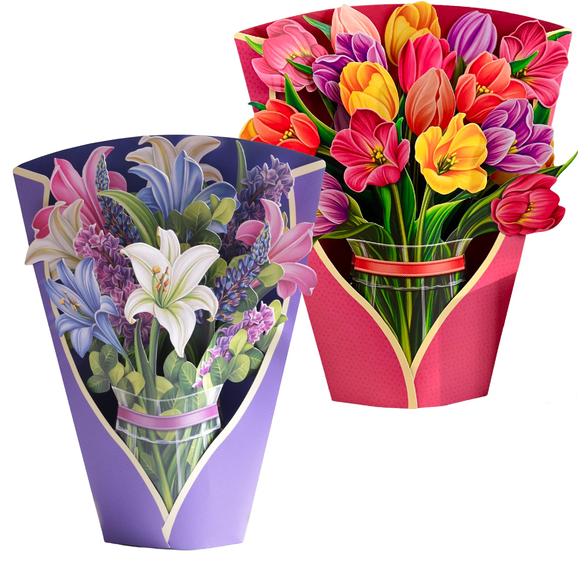 FreshCut 3D Pop Up Greeting Cards - Set of 2 Life-Sized Tulip, Lily & Lupine Forever Flower Bouquets (12 Inch) with Note Cards & Envelopes | Perfect for Birthdays, Anniversaries, Mother's Day & Wedding Celebrations