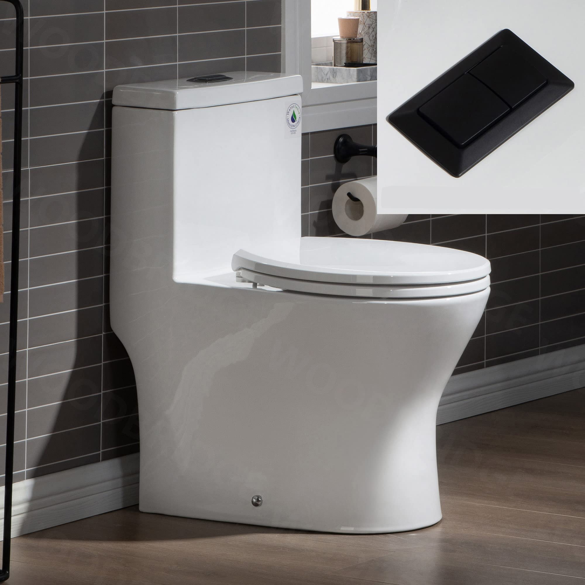 WOODBRIDGE Compact Dual Flush One Piece Toilet 1.28 GPF - Soft Closing Seat, 1000g MaP Score, Small Space Saving Design with Matte Black Button (B0500-MB, White) - Perfect for Tiny Bathrooms, Apartments & RVs