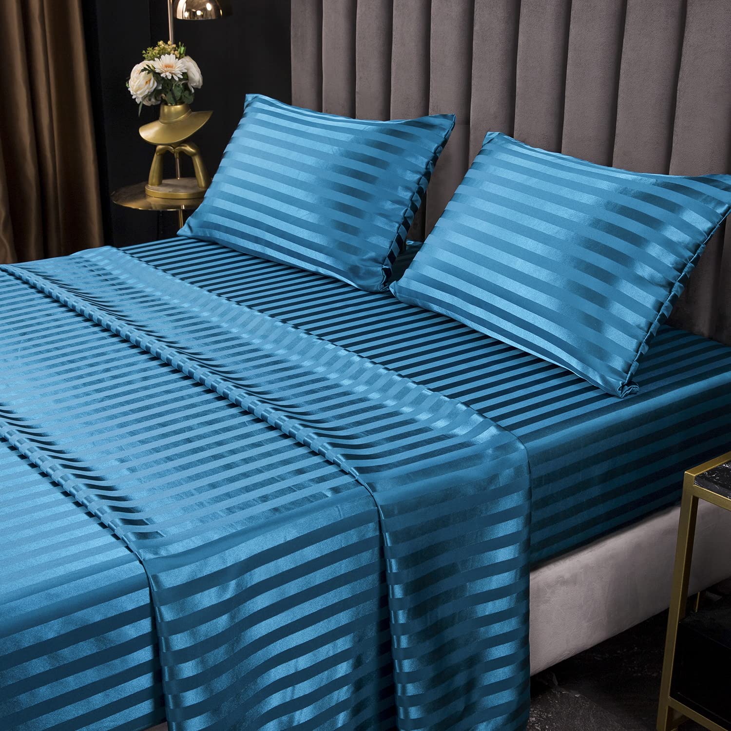 Premium Satin Bed Sheet Set Twin Size - Soft Striped Bedding with Deep Pockets (1 Fitted Sheet, 1 Flat Sheet, 2 Pillowcases) - Blue Luxury Sheets for Comfortable Sleep & Hotel-Style Bedroom Decor