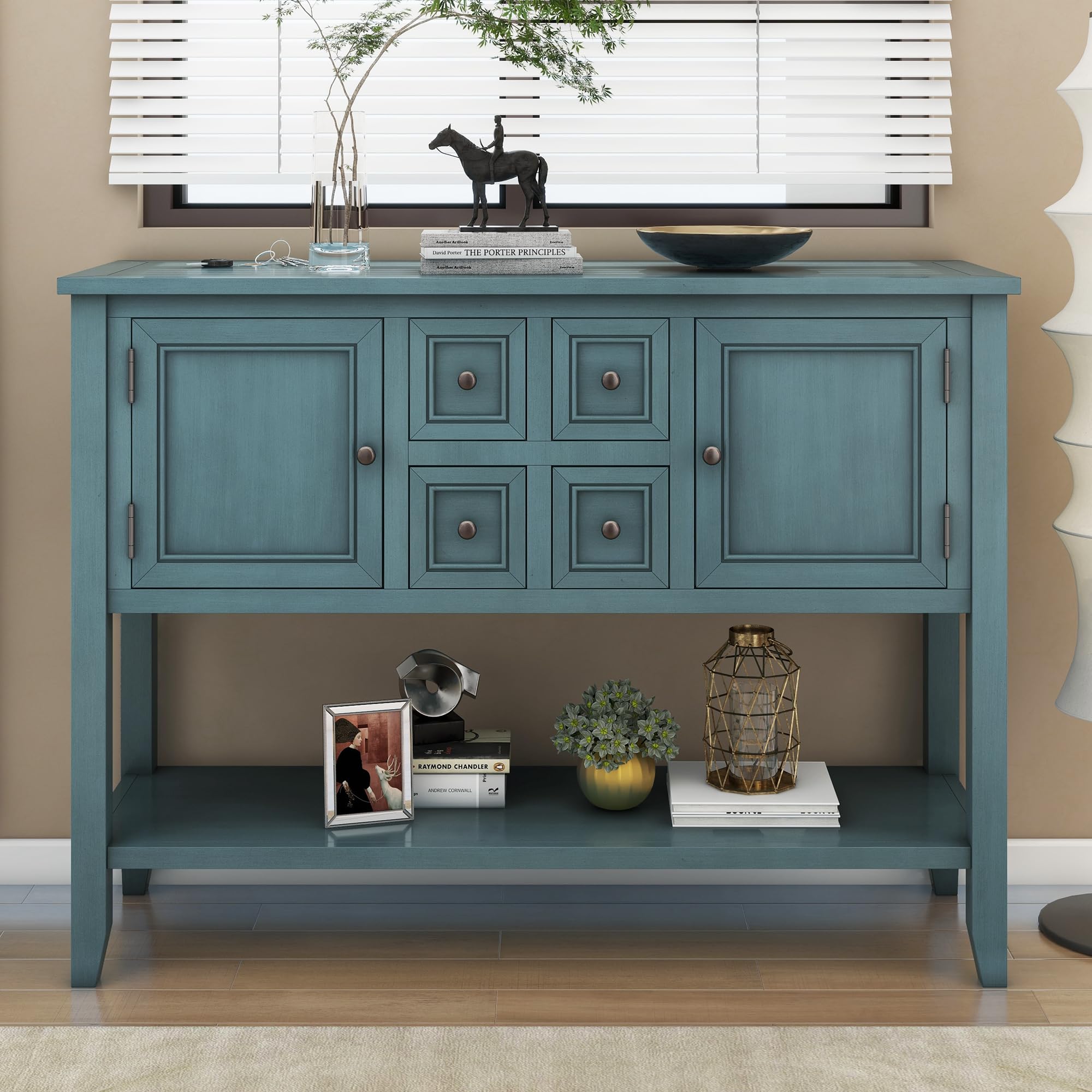 P PURLOVE Modern Console Table with 4 Drawers & 2 Cabinets - Entryway Sofa Table, Buffet Sideboard for Living Room, Hallway Storage - Dark Blue Home Furniture for Small Spaces & Apartment Decor