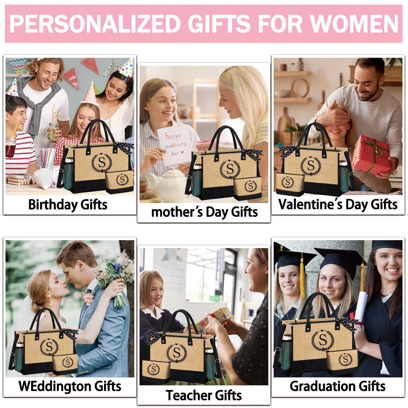Personalized Initial Jute Tote Bag & Makeup Pouch Set for Women - Custom Monogrammed Beach Bag with Zipper - Perfect Gift for Brides, Moms, and Friends - Great for Travel, Shopping, and Beach Outings