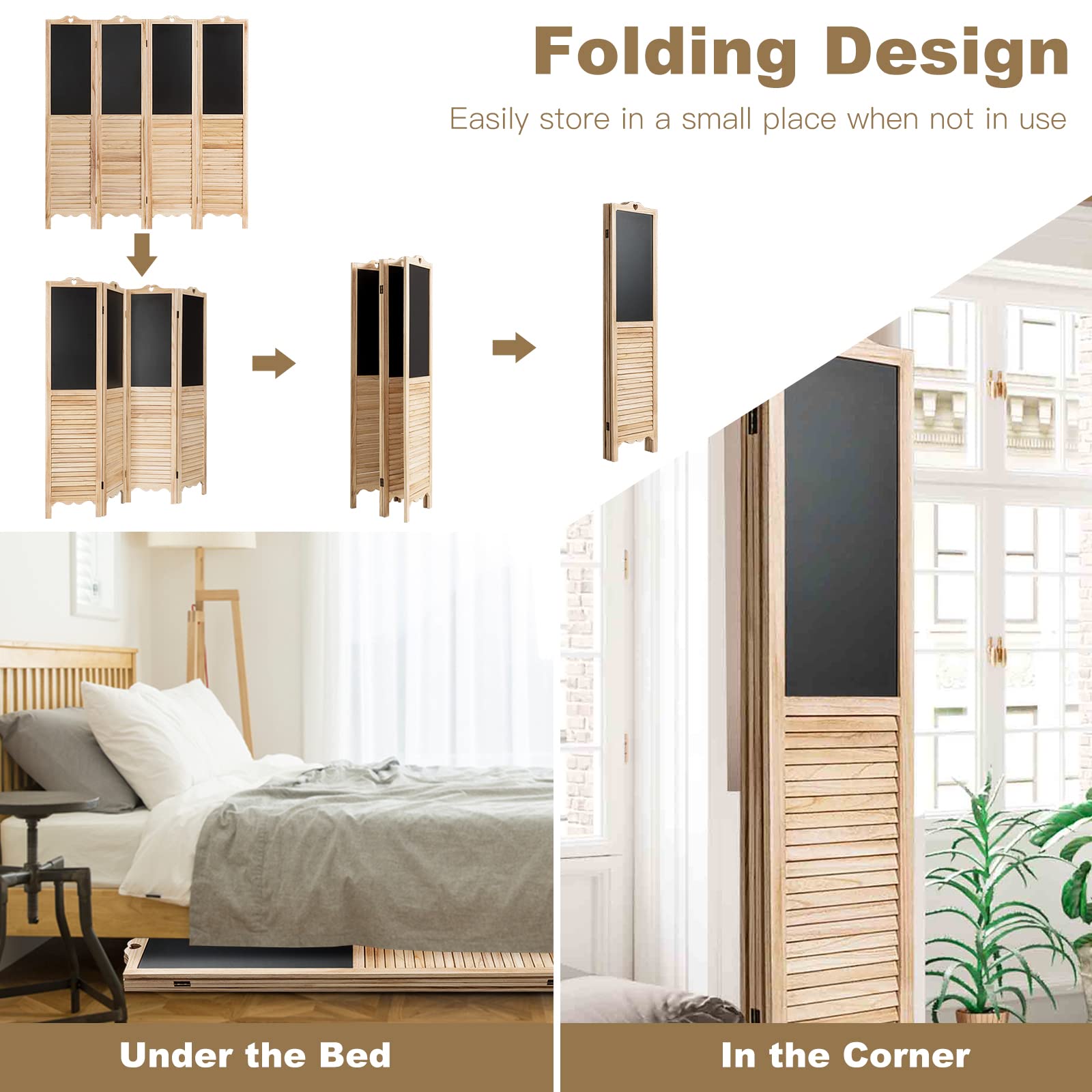 Happygrill 4 Panel Wooden Room Divider with Chalkboard - 5.7 Ft Tall Folding Privacy Screen for Bedroom, Office, Living Room & Restaurant - Perfect for Space Partition, Home Decor & Creative Note-Taking