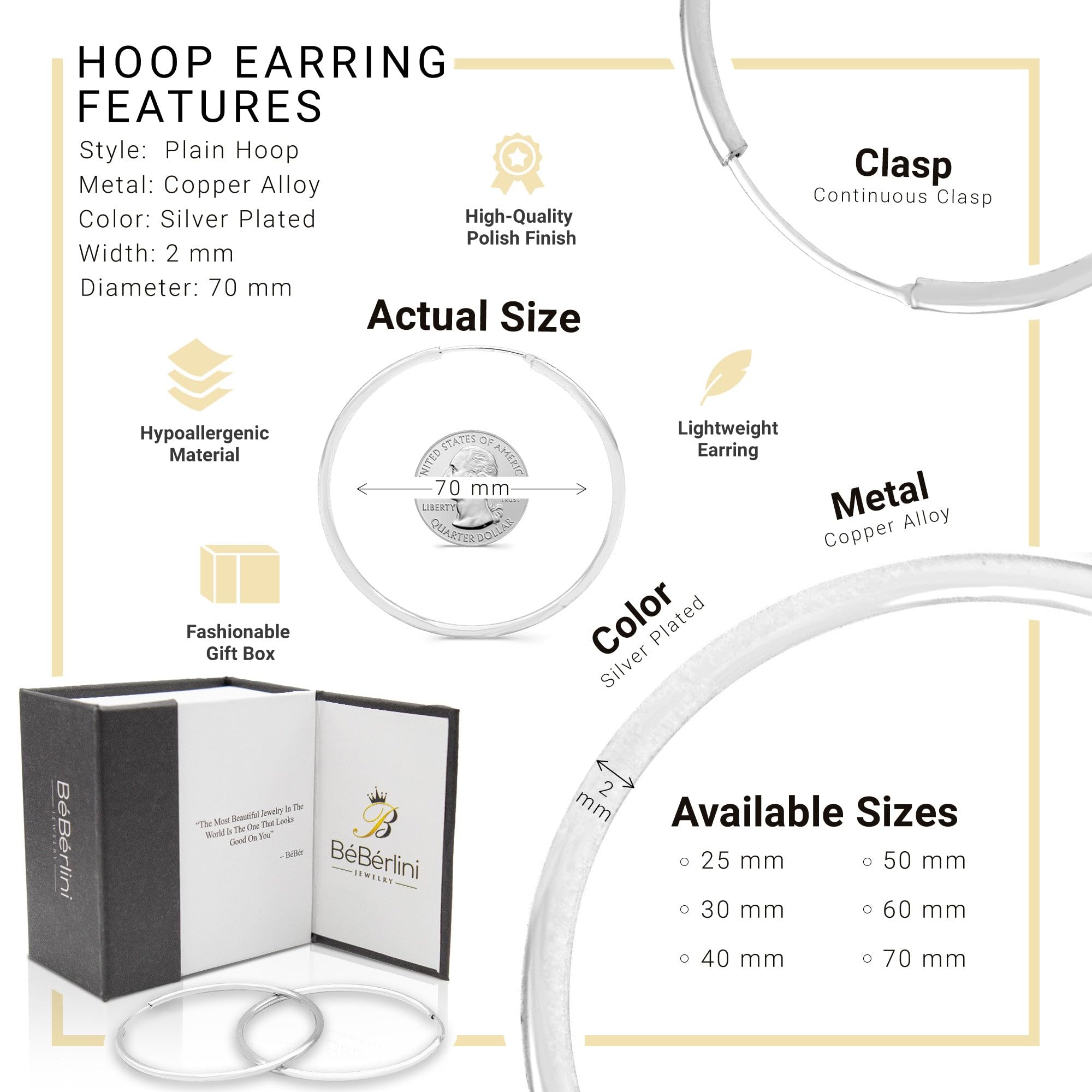 BEBERLINI Silver Large Hoop Earrings for Women - 2mm Thick Plain Hoops, Hip Hop Fashion Jewelry - Perfect for Everyday Wear, Parties and Gift Giving