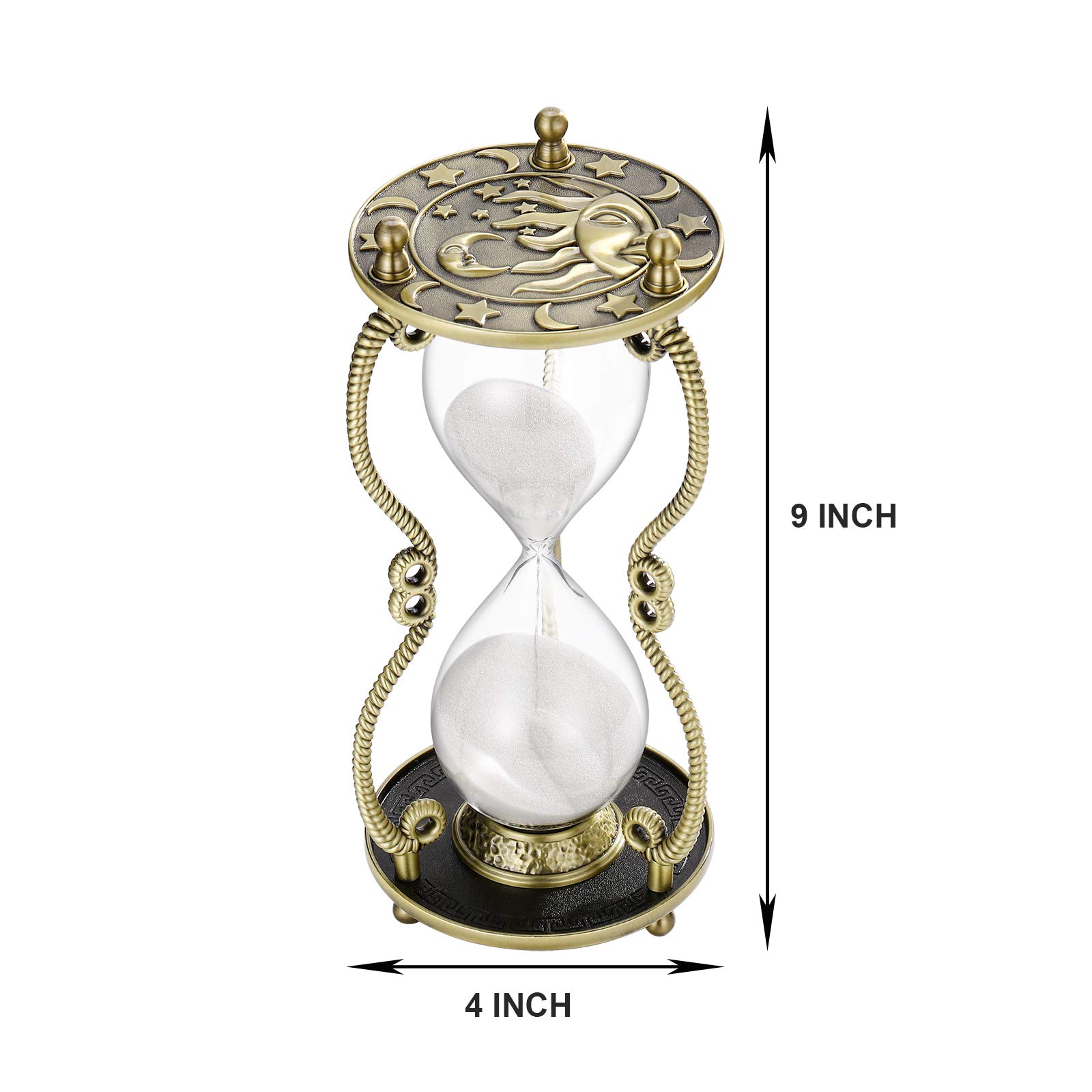 60 Minute Sun and Moon Engraved Brass Sand Timer - Antique Metal Hourglass with White Sand - Large 1 Hour Glass for Office Desk Decor, Meditation Timer, Yoga Studio, Classroom Tool & Unique Gift Idea