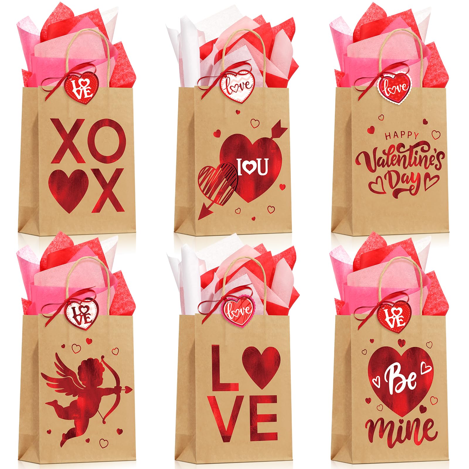 24Pcs Valentine's Day Gift Bags Bulk - Kraft Paper Goodie Bags with Tissue Paper & 6 Styles Red Foil Paper Bags with Tags - Perfect for Wedding Favors, Kids Party, Classroom Exchange & Gift Wrapping (Ragnhild Brand)