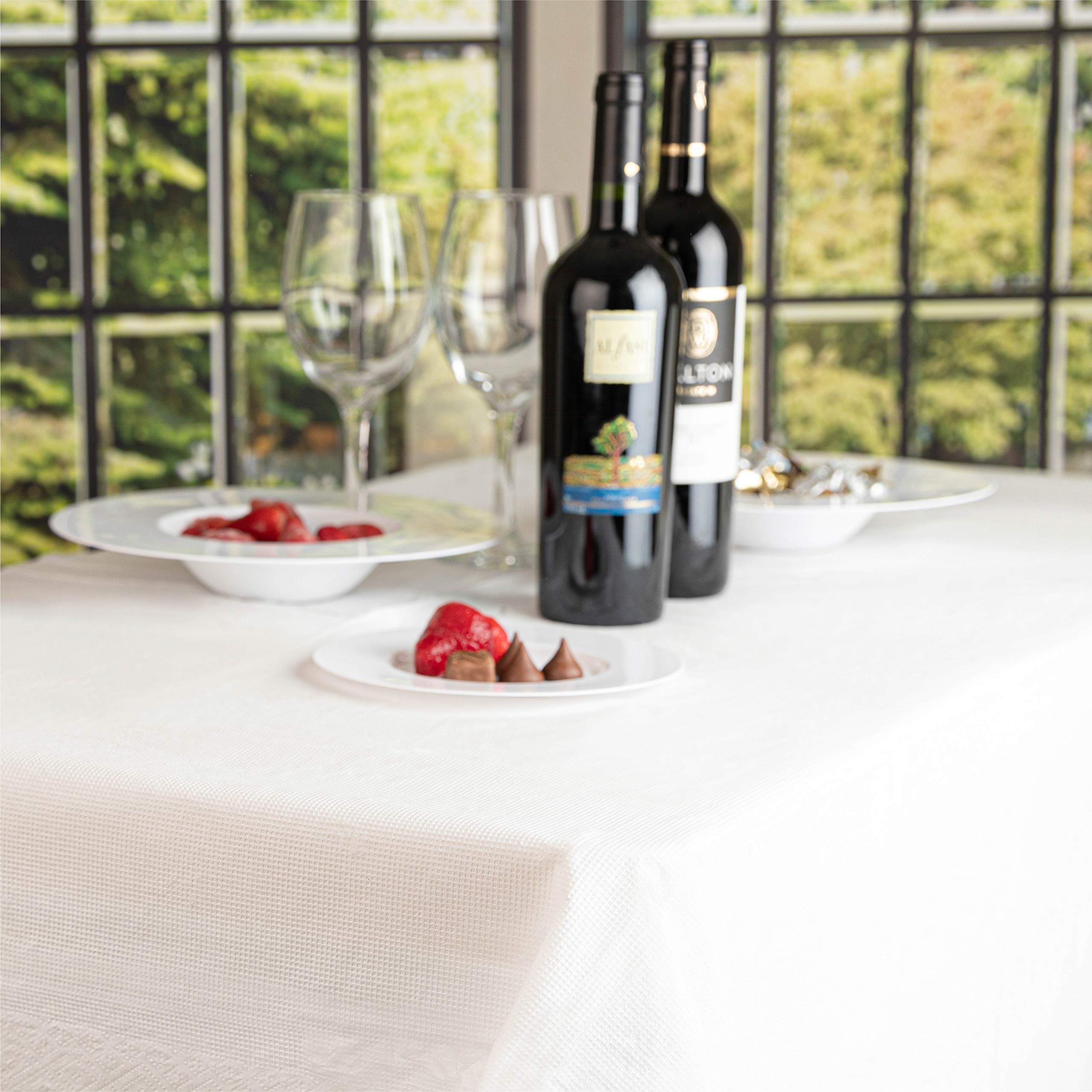 PLASTICPRO Disposable 3-Ply Tablecloth - Waterproof & Absorbent White Plastic Table Cover for 6-8 Foot Rectangle Tables (54