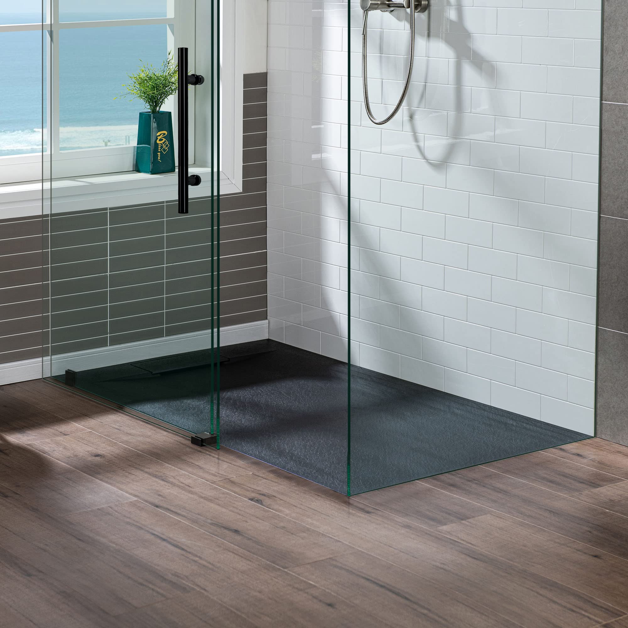 WOODBRIDGE 60x32 Inch Zero Threshold Shower Base with Reversible Drain - Wheelchair Accessible Low Profile Black Shower Pan with Tile Flange & Decorative Drain Plate | Ideal for ADA Bathrooms, Walk-In Showers & Universal Design Homes