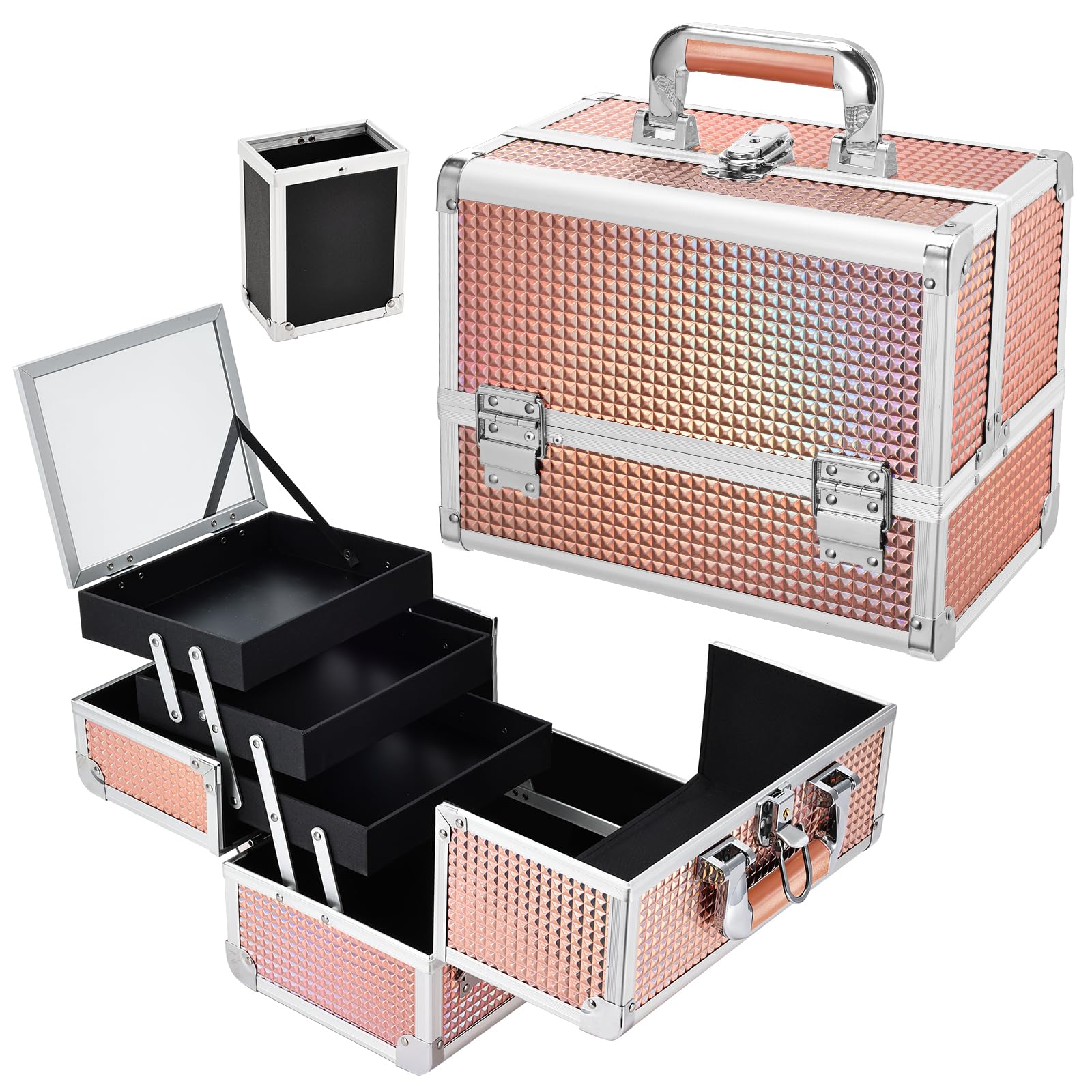 Joligrace 11.6-Inch Makeup Train Case - Lockable Cosmetic Organizer with Mirror & Compartments for Women | Travel Jewelry Storage | Portable Shiny Style Makeup Box for Home, Salon & Professional Use