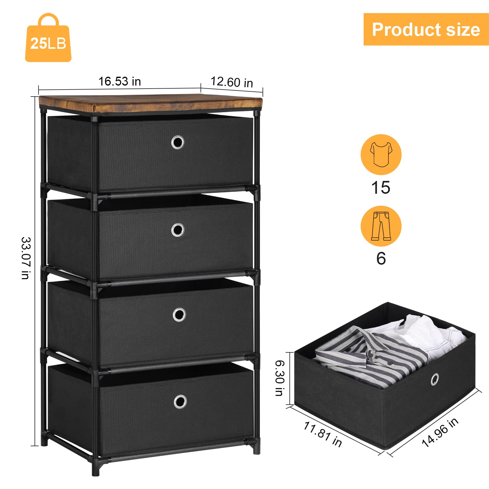 HAITRAL 4-Drawer Fabric Storage Chest - Closet Organizer for Bedroom, Dorm & Hallway (Black) - Space Saving Solution