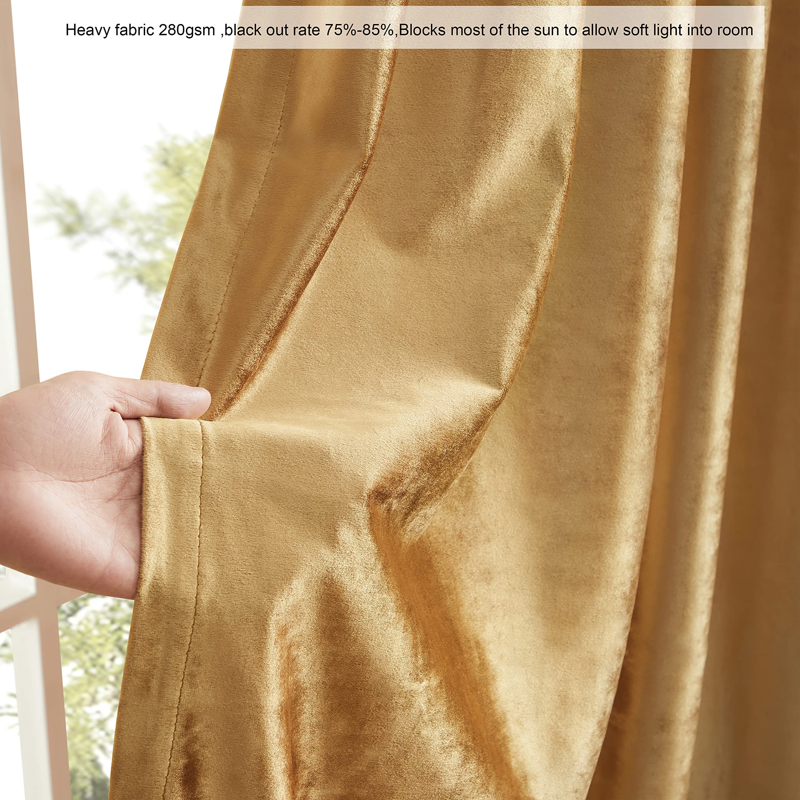 Premium Blackout Curtains Set of 2 - 63 Inch Velvet Rod Pocket Drapes in Golden PRIMROSE for Living Room & Bedroom | Thermal Insulated Room Darkening Window Treatments for Better Sleep & Energy Savings