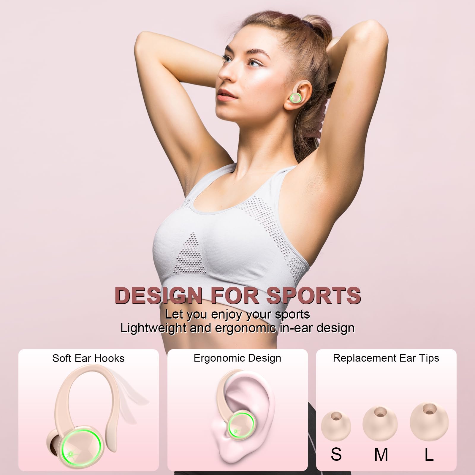 Wireless Earbuds Bluetooth 5.4 with Noise Cancelling - 50H Playtime, IP7 Waterproof for Sports & Running - Light Pink