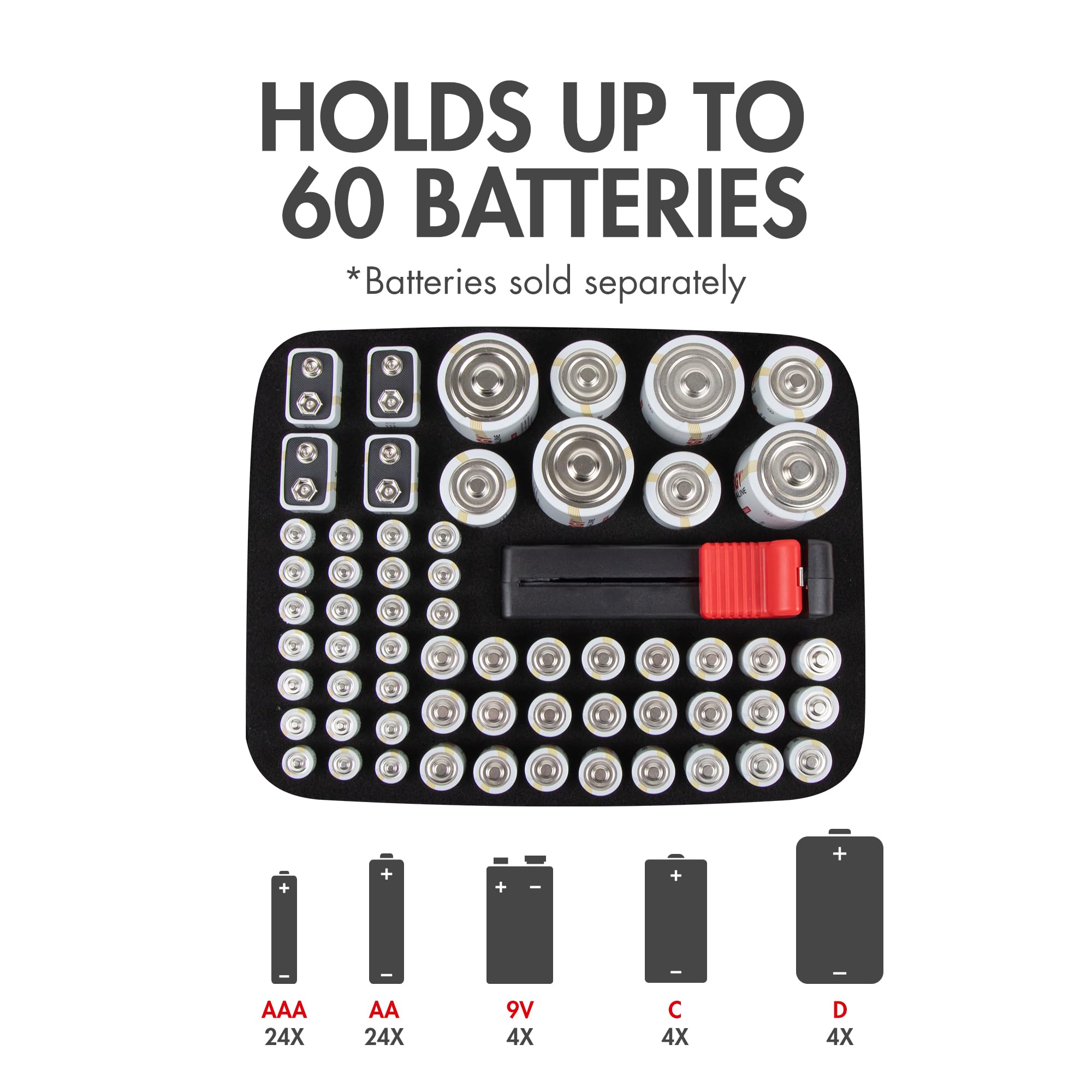 Tenergy Battery Organizer Storage Case with Built-in Battery Tester - Holds 60 AA AAA C D 9V Batteries (Batteries Not Included) | Perfect for Home, Office & Emergency Kits