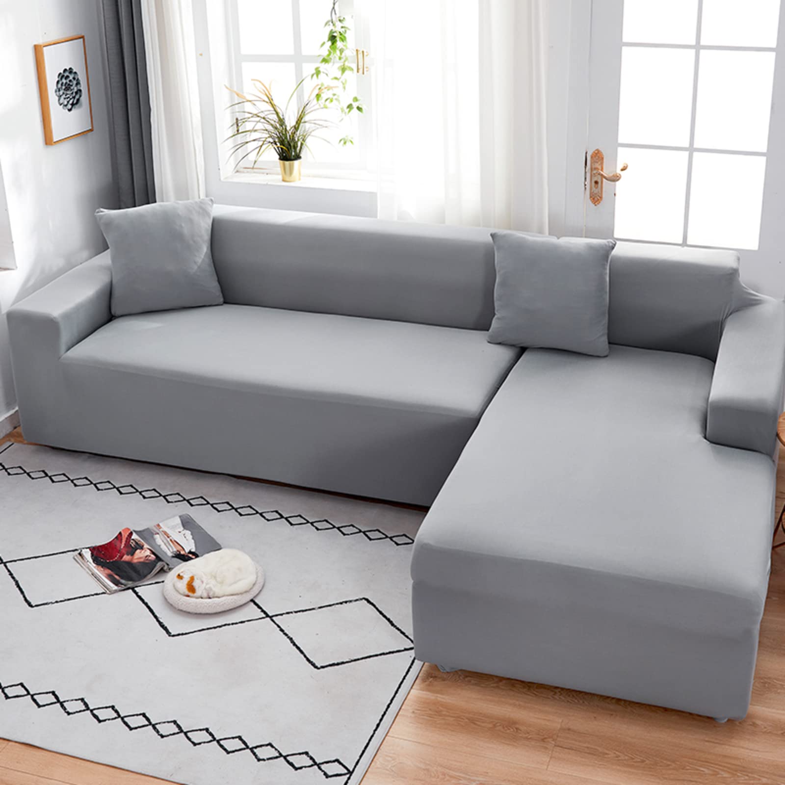 Stain Resistant Solid Color Sofa Slipcover with Elastic Bottom - Multi-Size Stretchable Couch Cover for Sectional Sofas (Fits 4-Seater XL Sofa 90